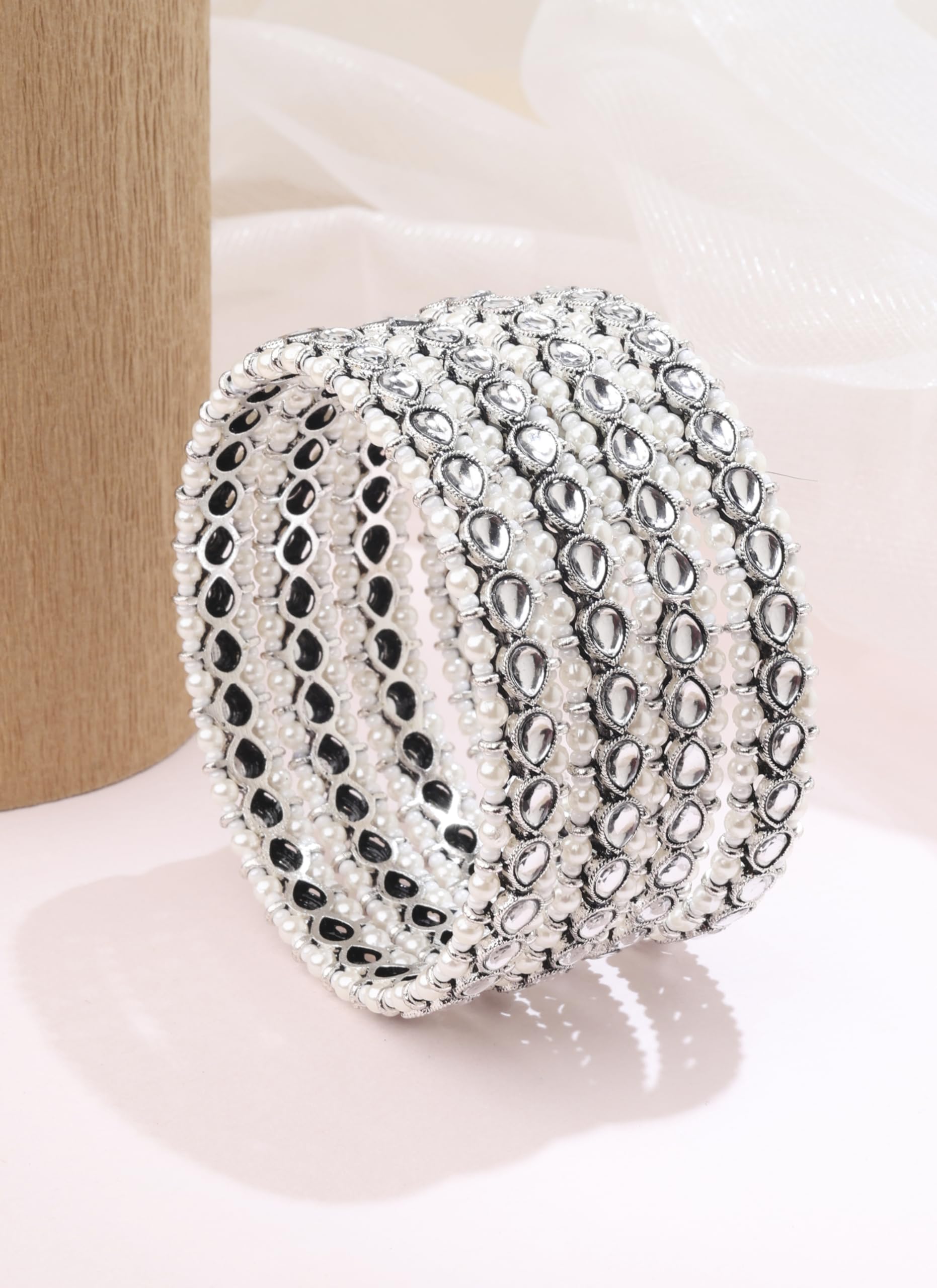 Saloni Fashion Jewellery Lovely Oval Shape White Kundan Stone Silver Plated Set Of 4 Bangle Set For Women and Girls