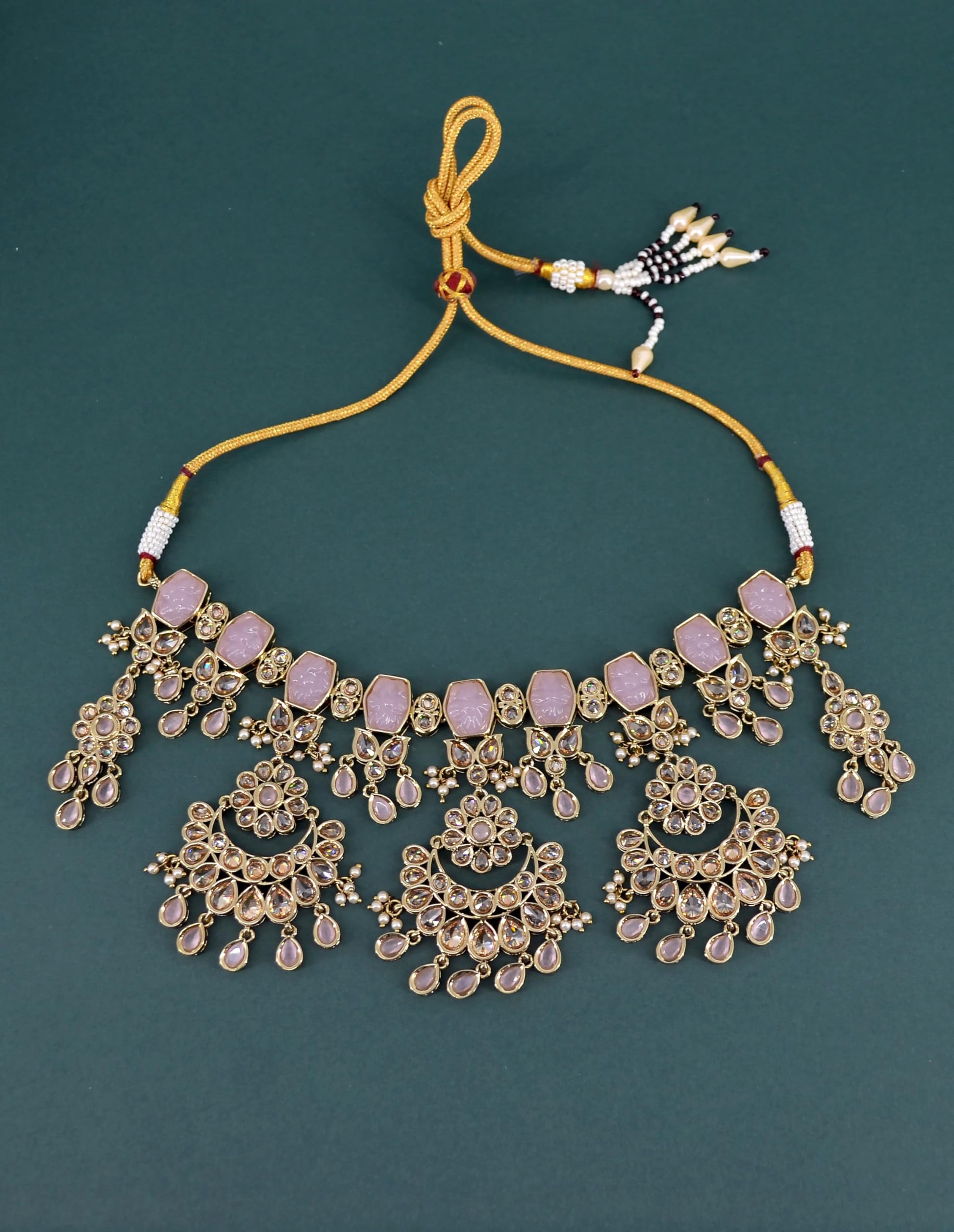 Saloni Fashion Jewellery Modern Round and Oval Shape Uncut Kundan Gold Plated Choker Necklace Set with Maangtikka For Women and Girls