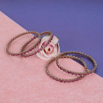 Saloni Fashion Jewellery Desirable Oval Pink Crystal Antique Gold Plated Set Of 4 Bangles For Women