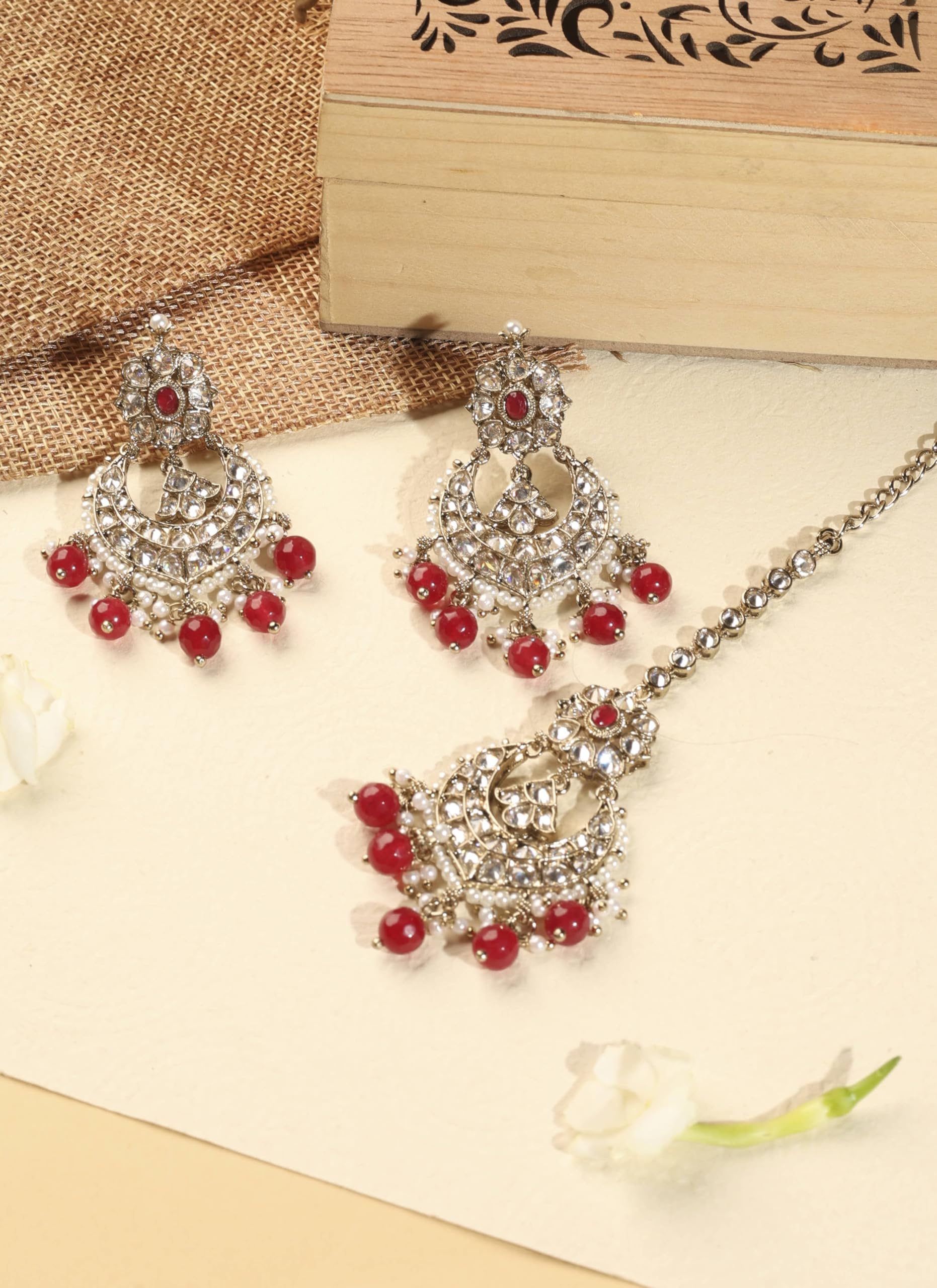 Saloni Fashion Jewellery Fashionable Chandelier Shape and Red Pearl Brown Kundan Stone Antique Gold Plated Brass Chandelier Earring With Maang Tikka For Women and Girls