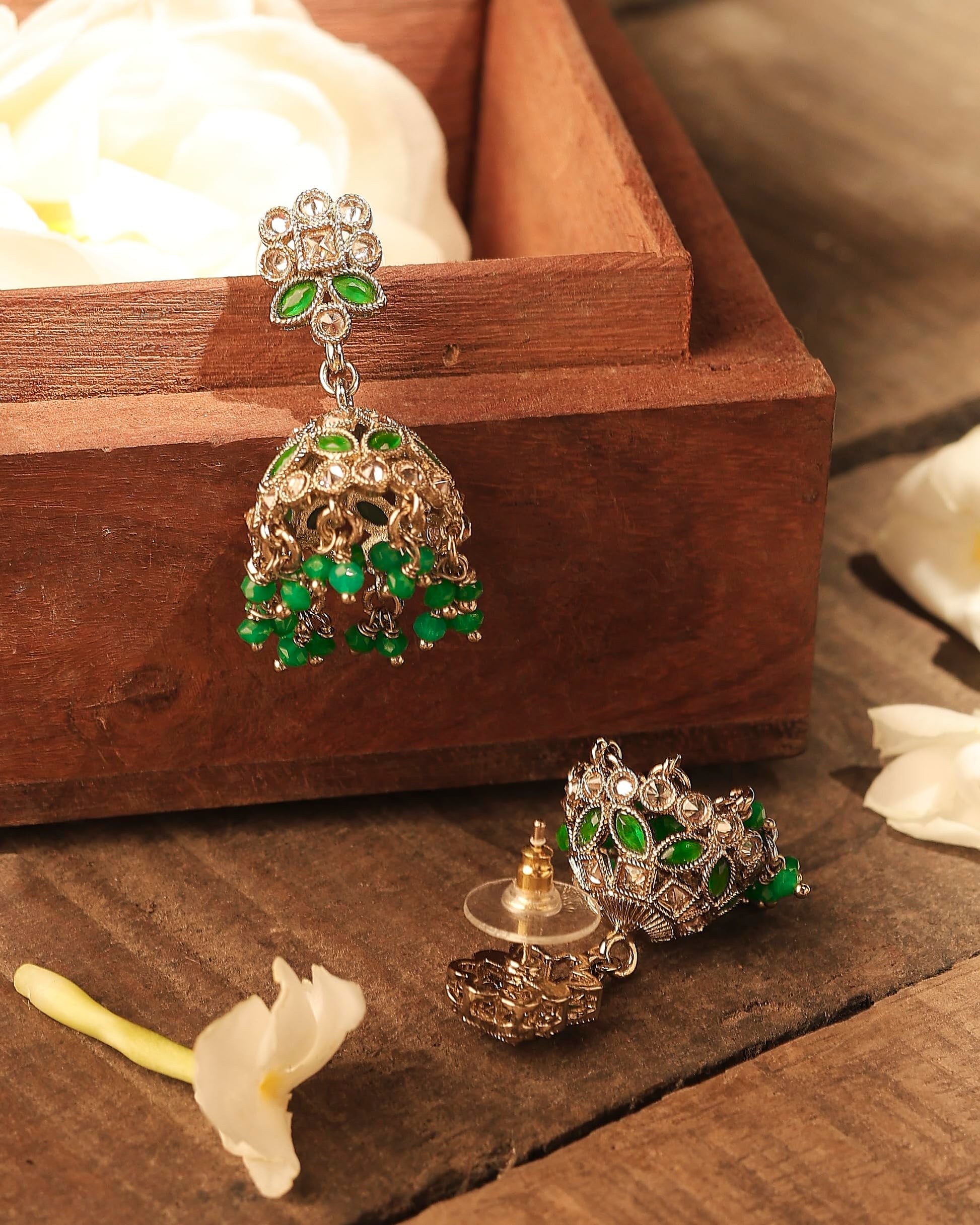Saloni Fashion Jewellery Elegant Round and Pear Shape Silver Plated Pearl Green Kundan Stone Jhumki Earring For Women and Girls