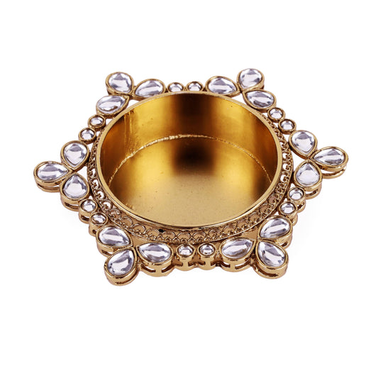 Saloni Fashion Jewellery Traditional Delightful Round and Flower Design Brass Gold Plated White Stone Festival Decorative Deep / Diya