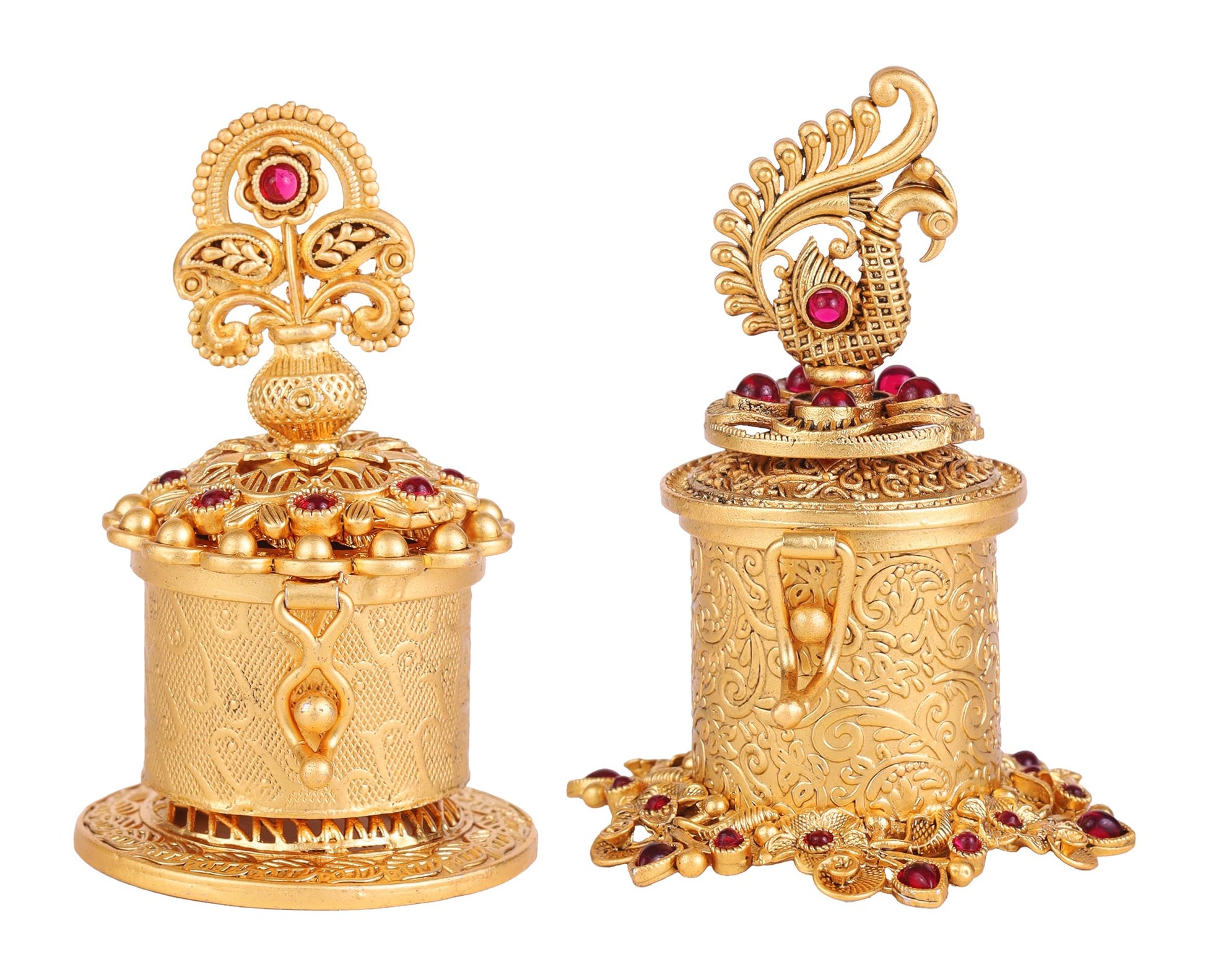 Saloni Fashion Jewellery Traditional Leaf and Peacock and Paisley Gold Plated Brass Set of 2 Combo Sindoor Dani/Dibbi For Women
