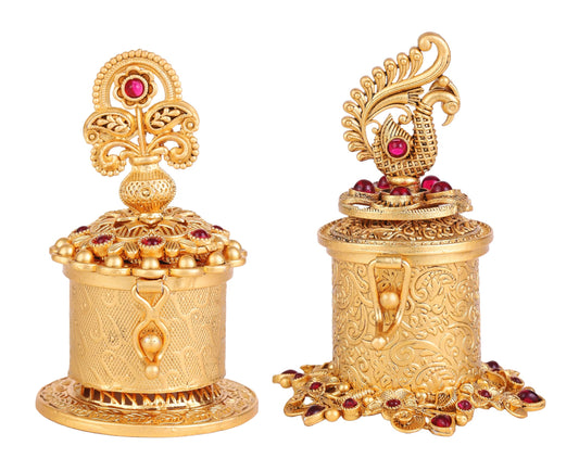 Saloni Fashion Jewellery Traditional Leaf and Peacock and Paisley Gold Plated Brass Set of 2 Combo Sindoor Dani/Dibbi For Women