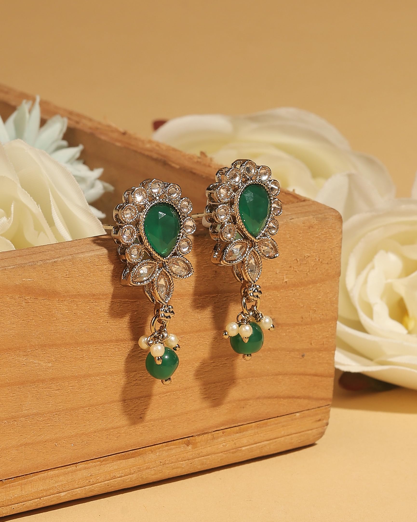 Saloni Fashion Jewellery Ethnic Oval and Leaf Design Gold Plated Green Kundan Stone Dangle Earring For Women and Girls