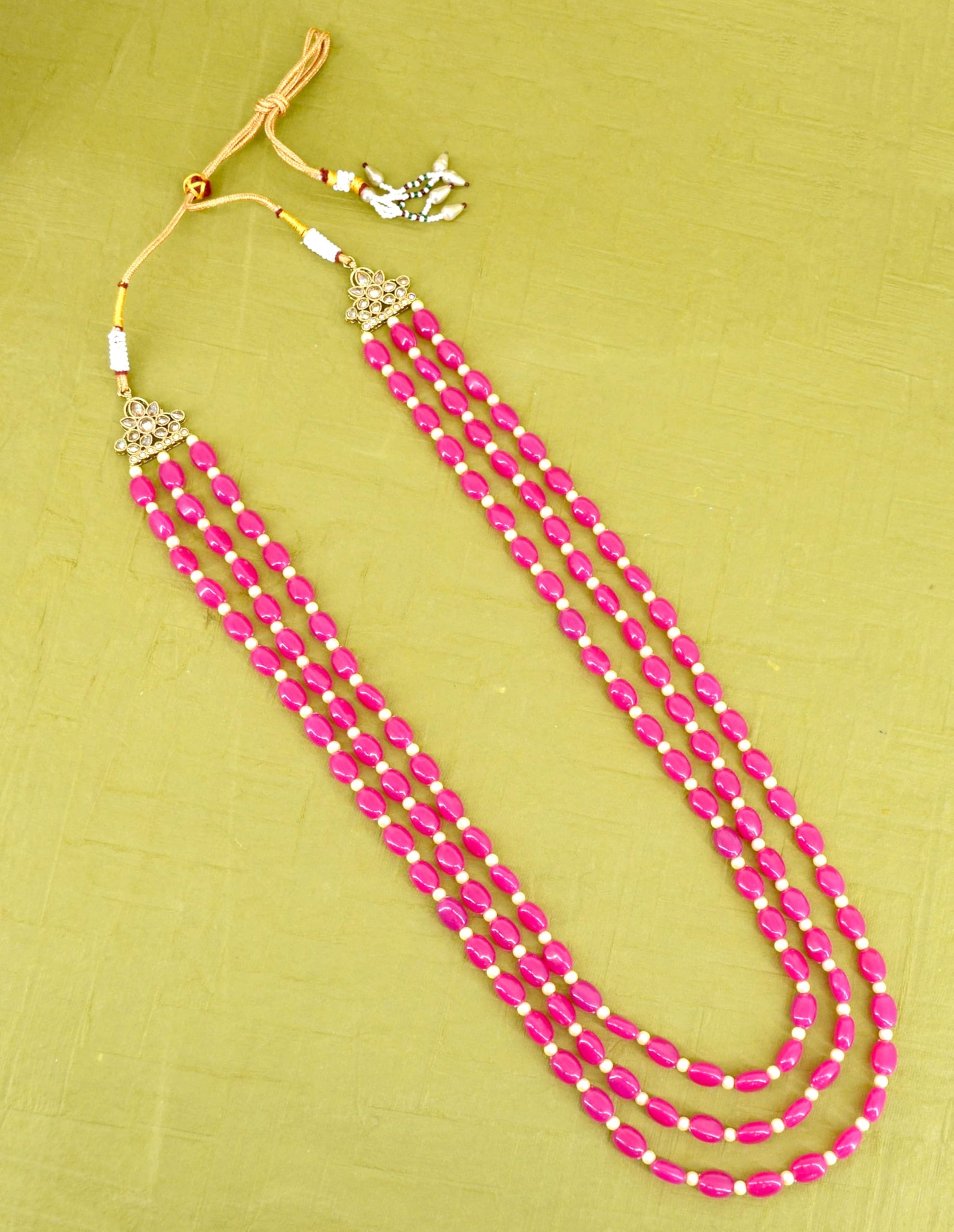Saloni Fashion Jewellery Modish Pink Mother of Pearls 3 Layered Gold Plated Long Haram Necklace Pearl Mala For Women and Girls