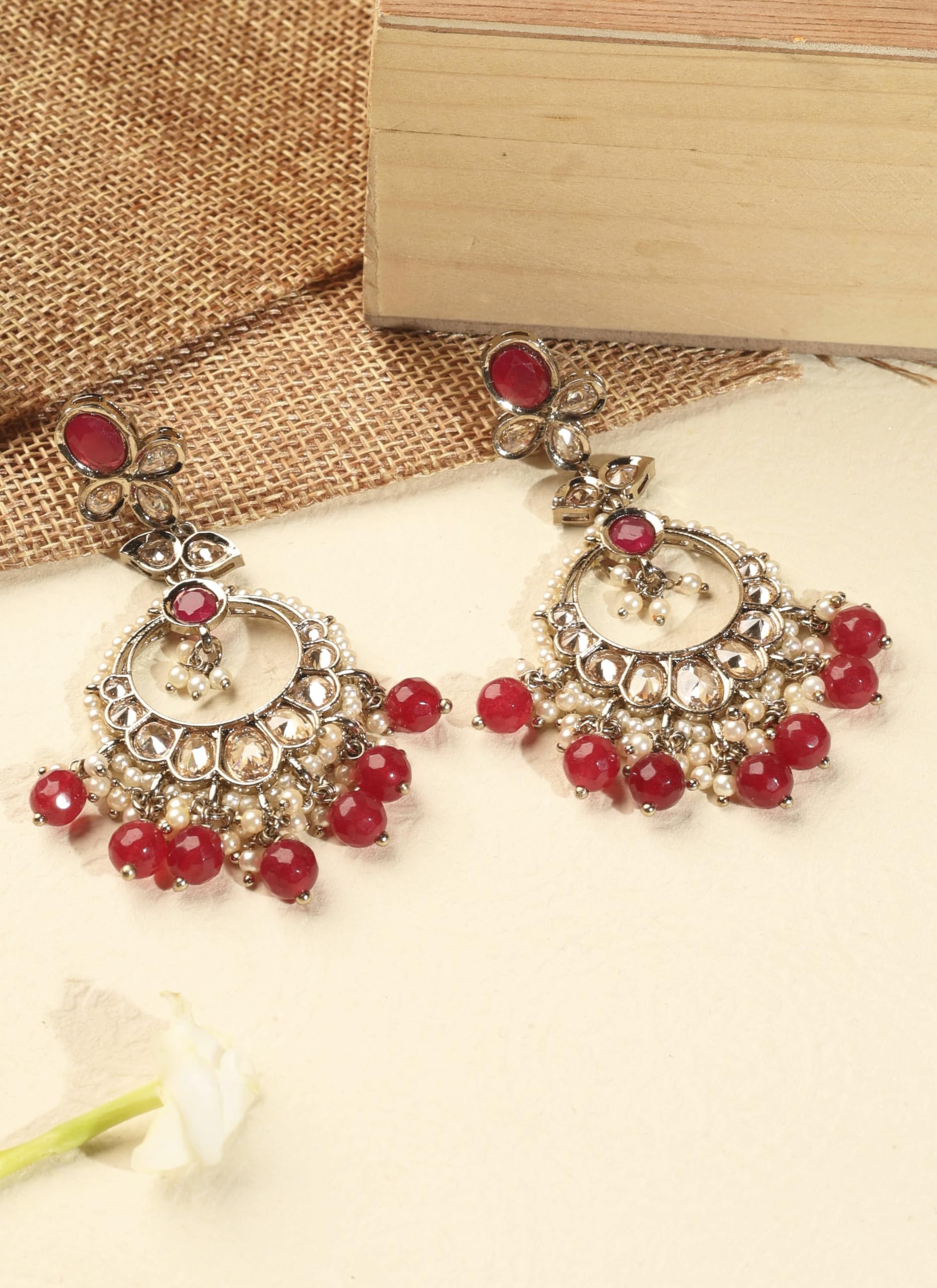 Saloni Fashion Jewellery Incredible Circle and Leaf Shape Red Pearl Brown Kundan Stone Antique Gold Plated Brass Chandelier Earring With Maang Tikka For Women and Girls