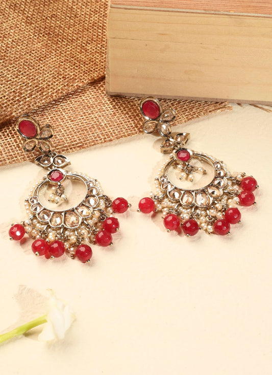 Saloni Fashion Jewellery Incredible Circle and Leaf Shape Red Pearl Brown Kundan Stone Antique Gold Plated Brass Chandelier Earring With Maang Tikka For Women and Girls