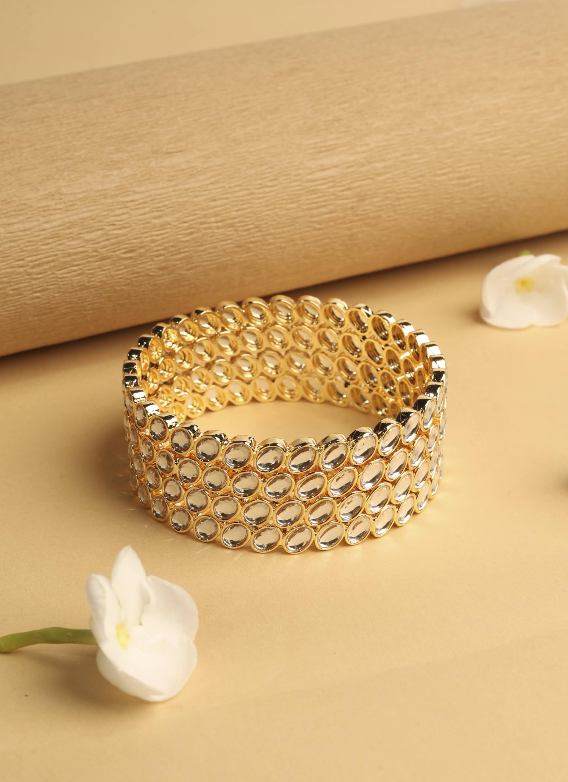 Saloni Fashion Jewellery Traditional Circle Shape White Kundan Stone Gold Plated Set of 4 Bangle Set For Women and Girls