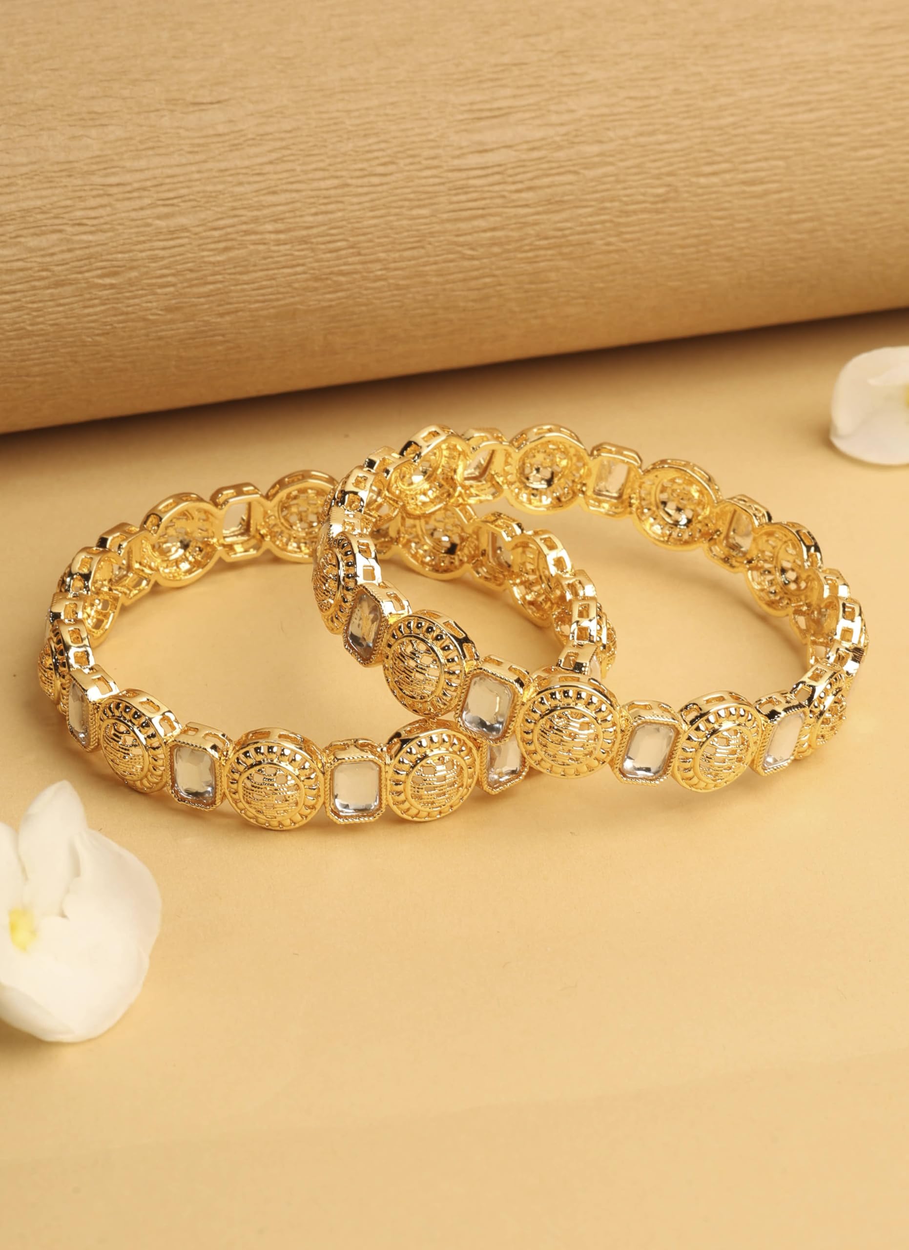 Saloni Fashion Jewellery Traditional Round Shape White Kundan Stone Gold Plated Set of 2 Bangle Set For Women and Girls