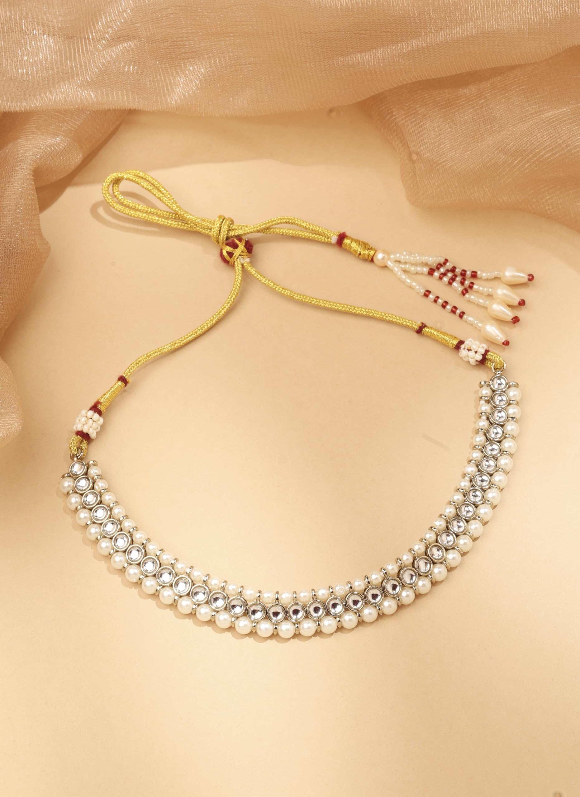 Saloni Fashion Jewellery Pretty Round and Circle Shape Pearl White Kundan Stone Antique Gold Plated Choker Necklace With Maang Tikka For Women and Girls