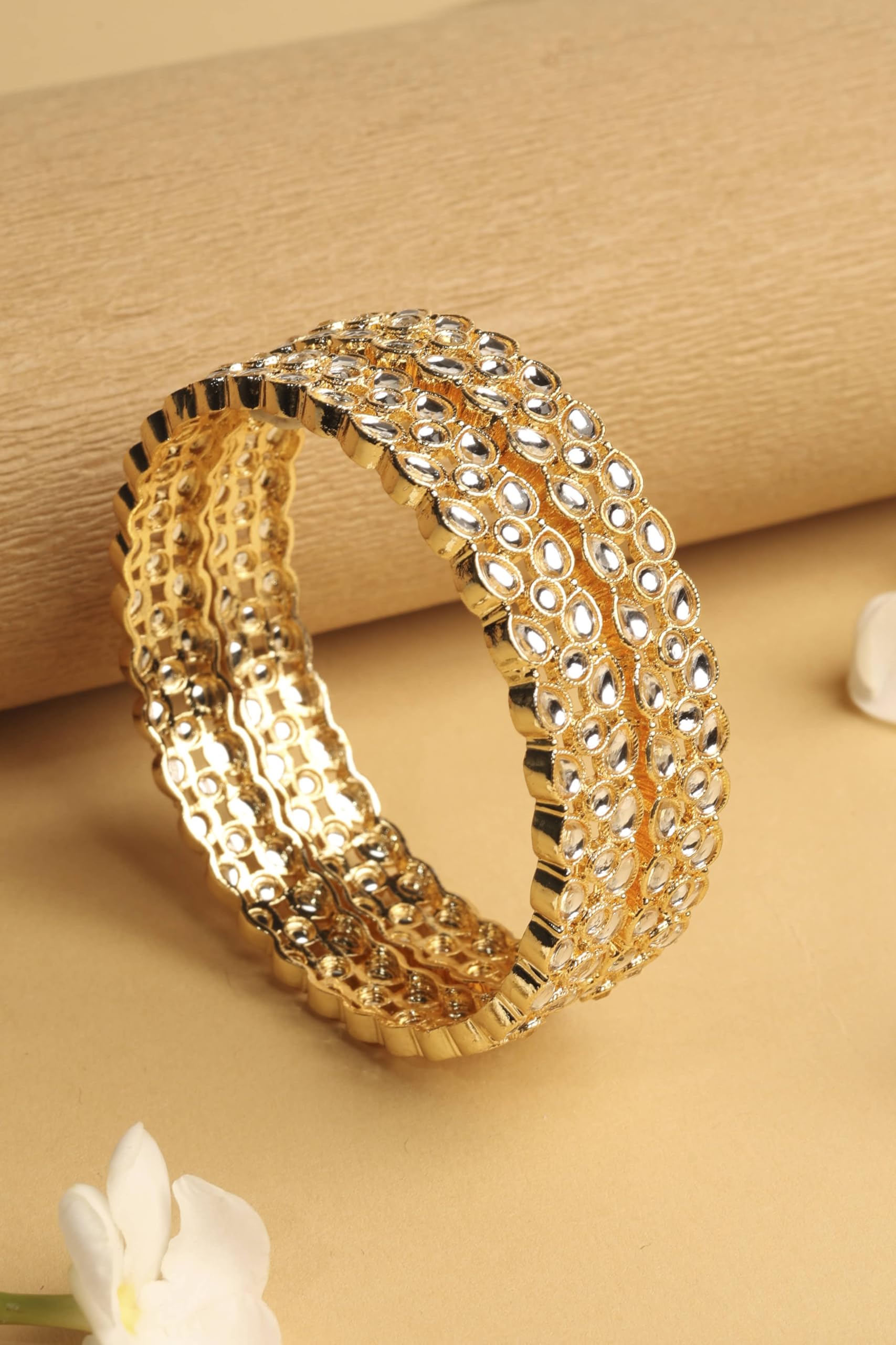 Saloni Fashion Jewellery Traditional Oval Shape White Kundan Stone Gold Plated Set of 2 Bangle Set For Women and Girls