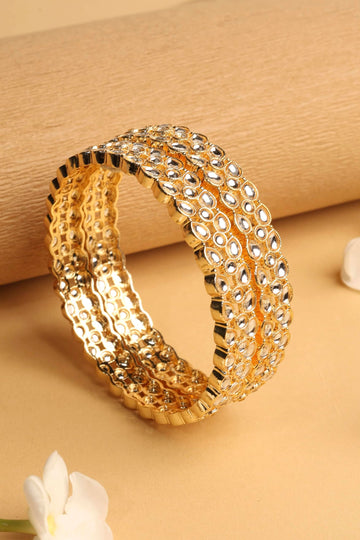 Saloni Fashion Jewellery Traditional Oval Shape White Kundan Stone Gold Plated Set of 2 Bangle Set For Women and Girls