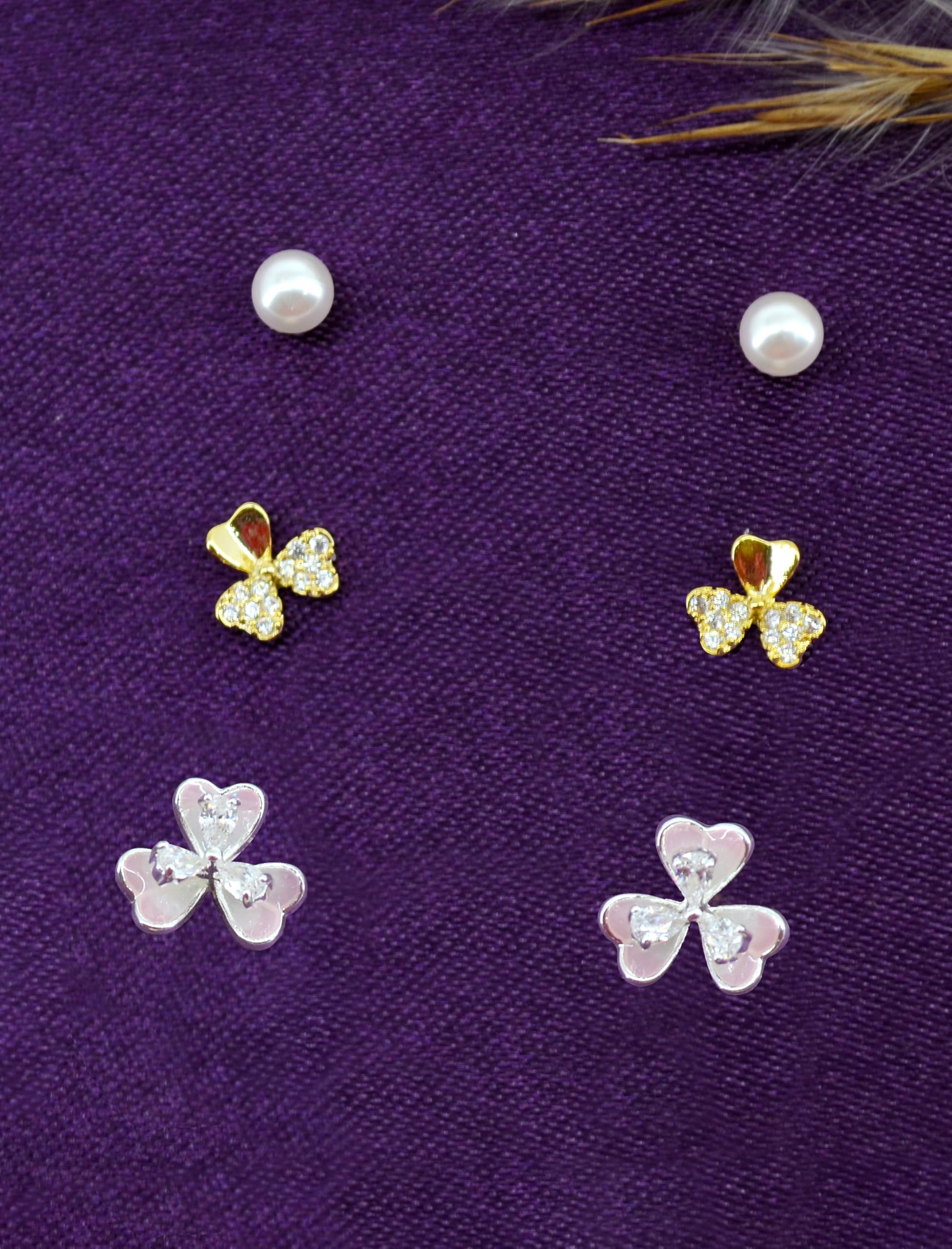 Saloni Fashion Jewellery Pleasant Flower Shape Pearl Brass Silver Plated Set of 3 Combo Stud Earring For Women and Girls