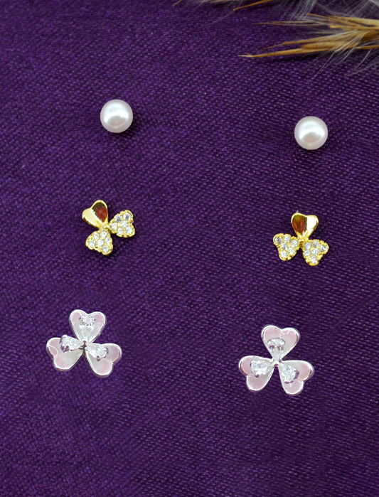 Saloni Fashion Jewellery Pleasant Flower Shape Pearl Brass Silver Plated Set of 3 Combo Stud Earring For Women and Girls