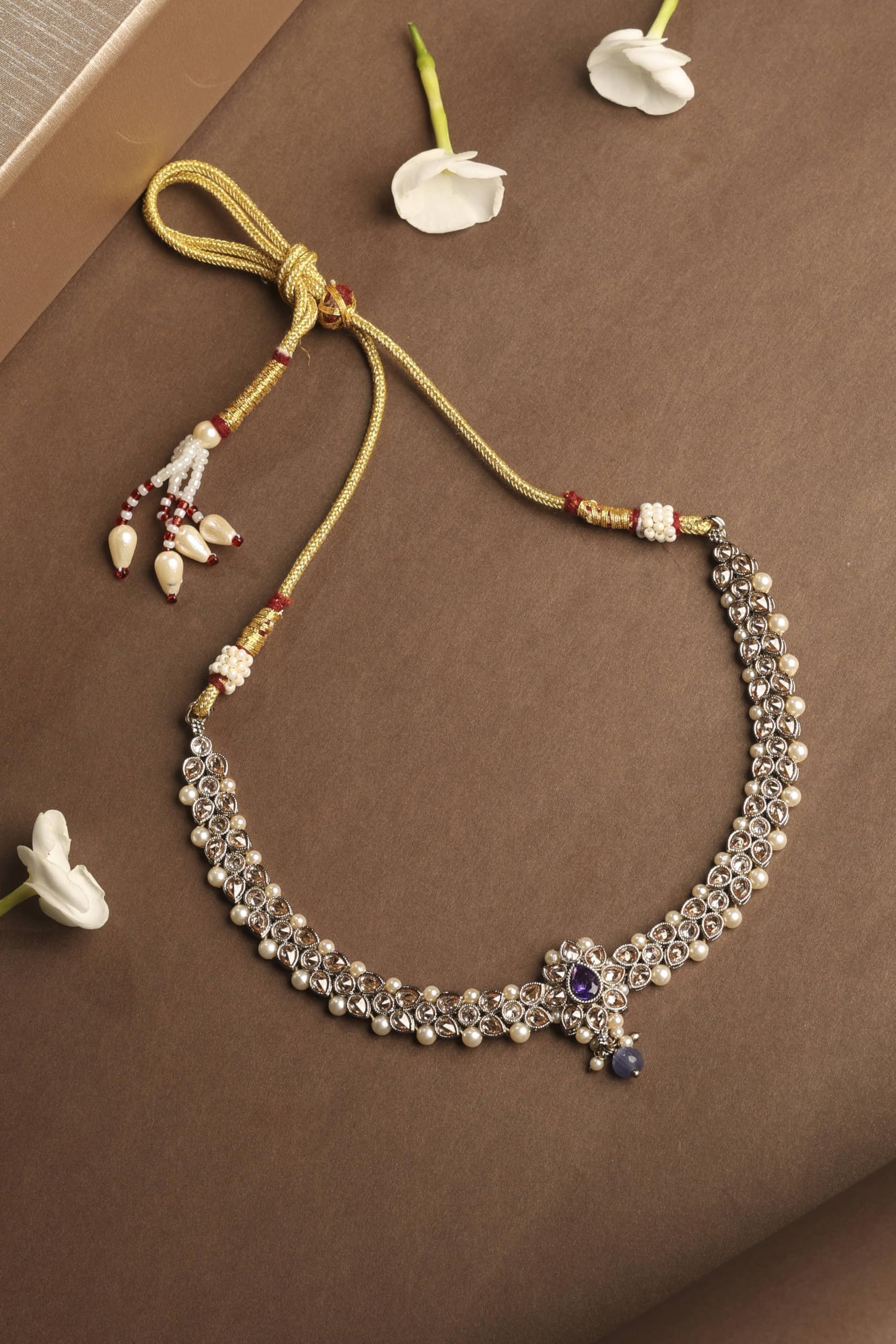 Saloni Fashion Jewellery Glorious Flower and Oval Shape Blue Kundan Stone Antique Gold Plated Choker Necklace Set with Maang Tikka For Women and Girls