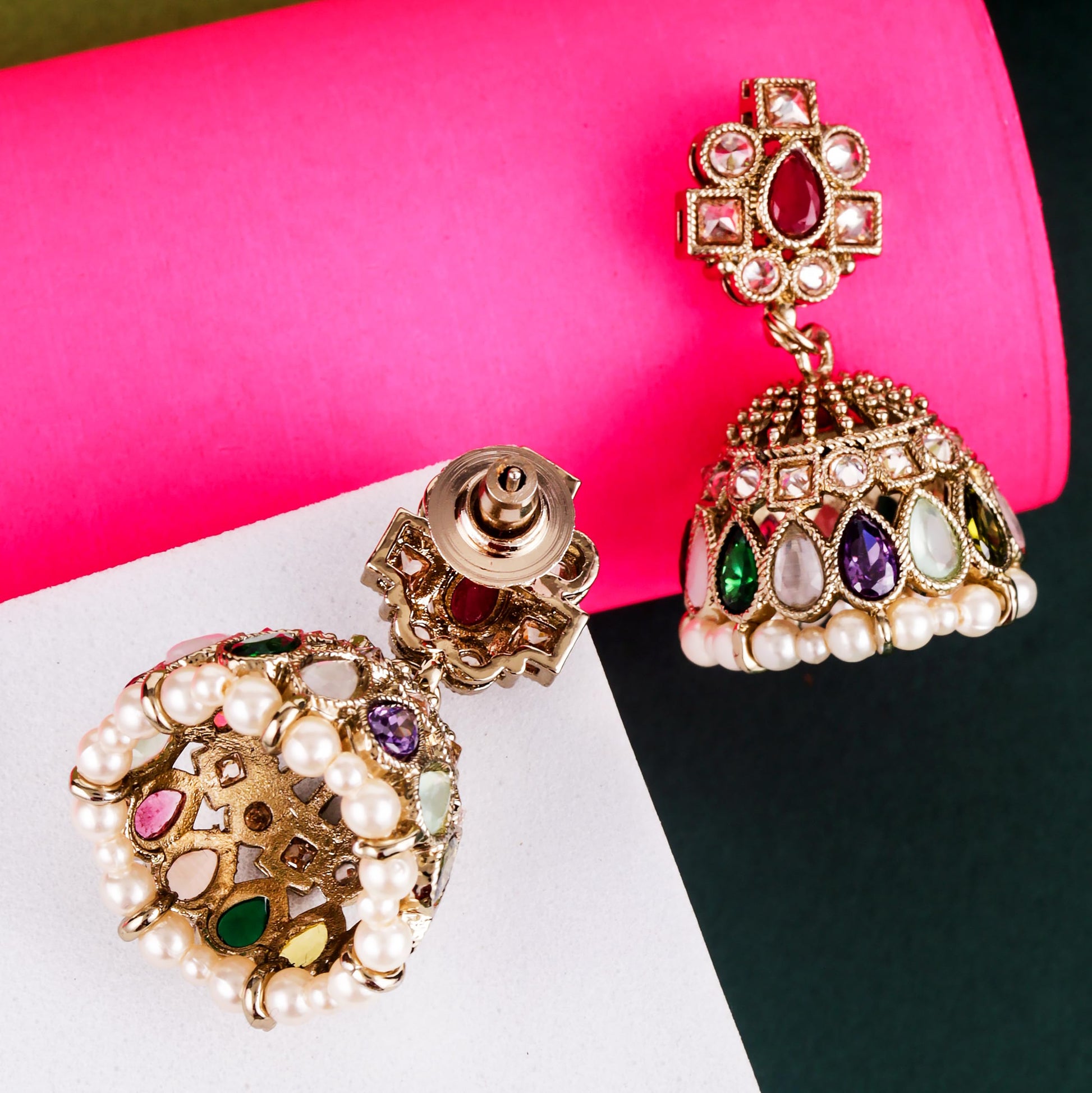Saloni Fashion Jewellery Desirable Oval Shape Multi Uncut Kundan Stone Antique Gold Plated Jhumki Earring For Women and Girls