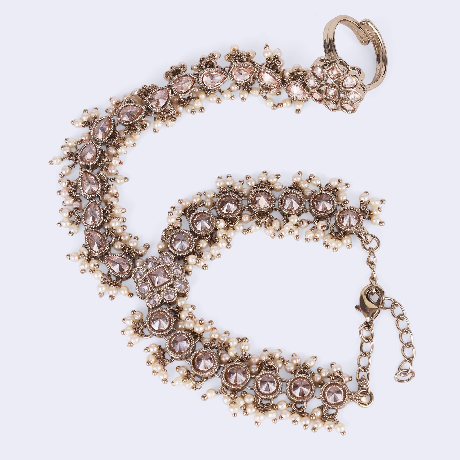 Saloni Fashion Jewellery Traditional Flower and Oval Design Gold Plated Pearl Set of 2 Adjustable Hathphool(Panja) For Women