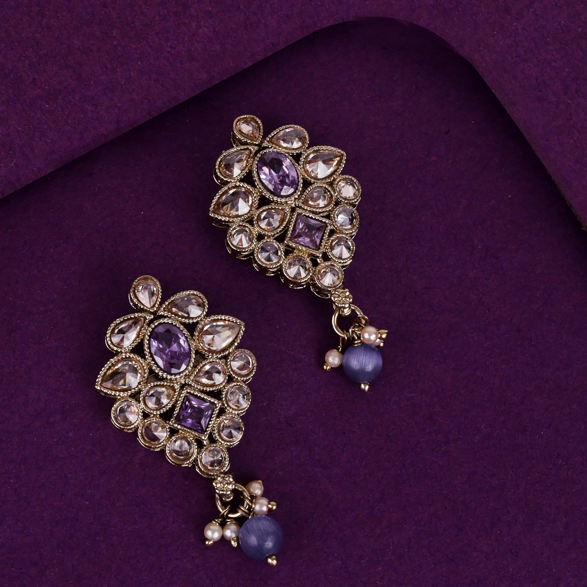 Saloni Fashion Jewellery Marvellous Flower Design Purple Uncut Kundan Stone Mother of Pearl Antique Gold Plated Dangle Earring For Women and Girls