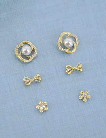 Saloni Fashion Jewellery Trendy Flower and Round Shape CZ Pearl Brass Gold Plated Set of 3 Combo Stud Earring For Women and Girls
