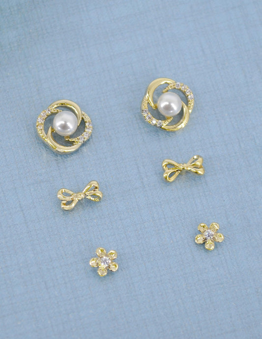 Saloni Fashion Jewellery Trendy Flower and Round Shape CZ Pearl Brass Gold Plated Set of 3 Combo Stud Earring For Women and Girls