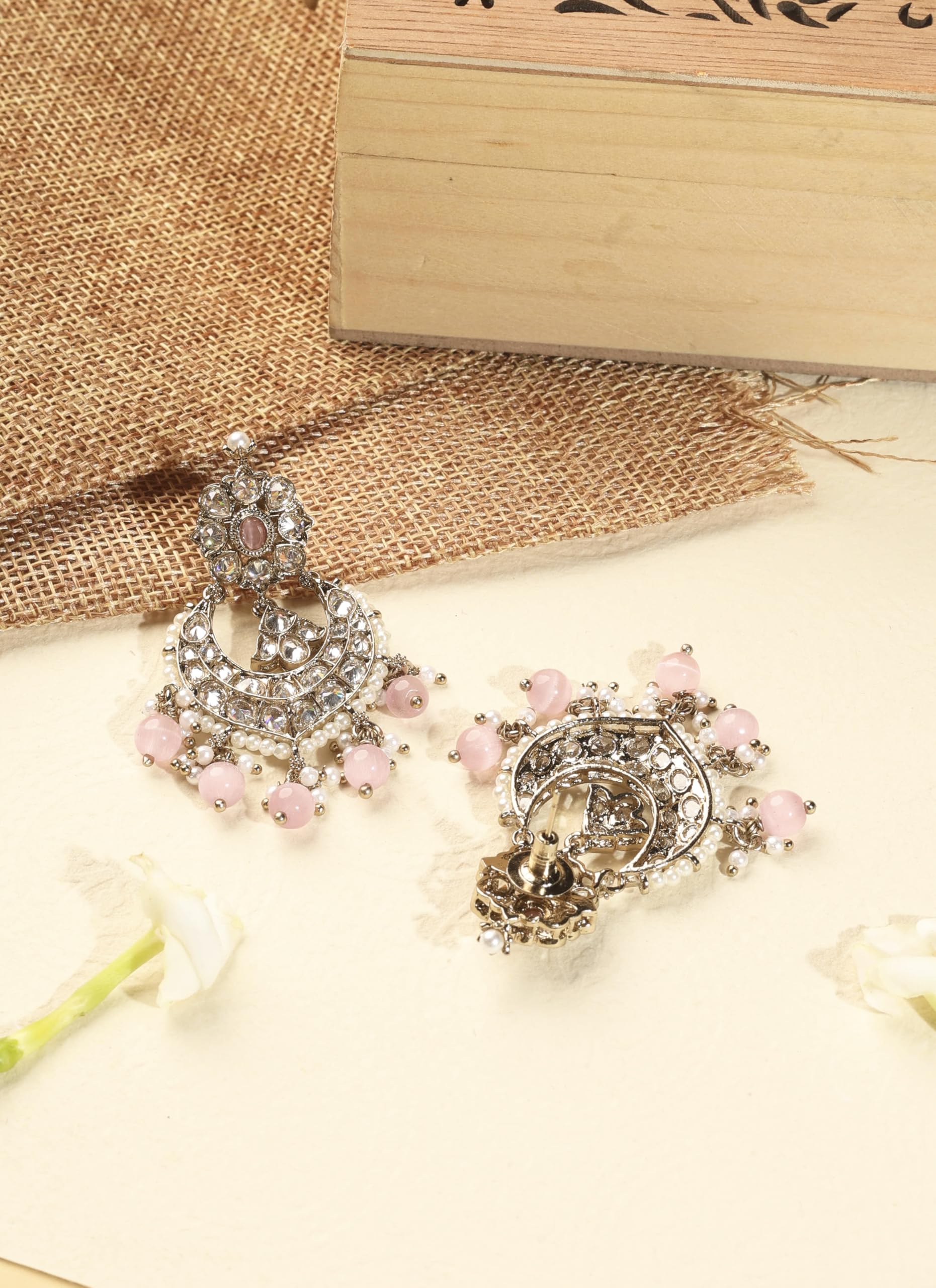 Saloni Fashion Jewellery Fabulous Chandelier Shape and Pink Pearl Brown Kundan Stone Antique Gold Plated Brass Chandelier Earring With Maang Tikka For Women and Girls