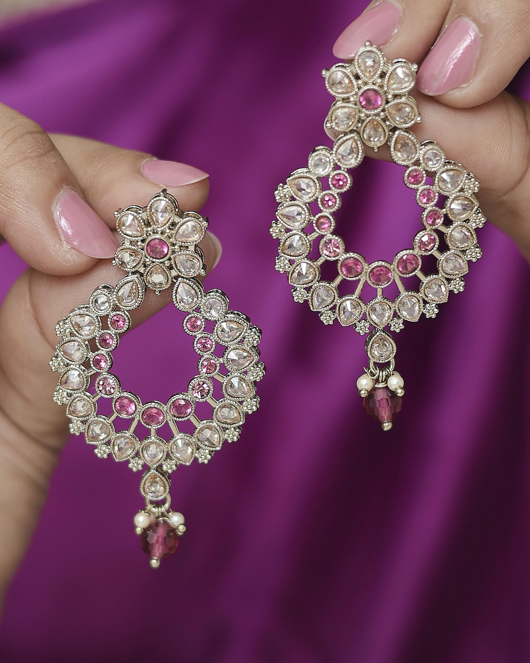 Saloni Fashion Jewellery Inspired Pear and Flower Design Gold Plated Ruby Kundan Stone Chandelier Earring For Women and Girls