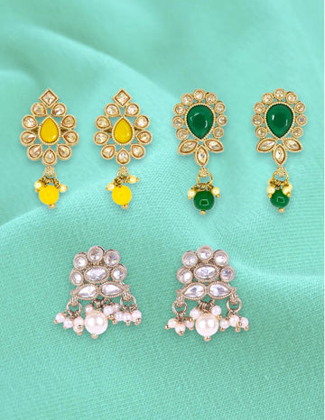 Saloni Fashion Jewellery Glorious Oval and Flower Design Kundan Siler and Antique Gold Plated Set of 3 Combo Dangle Earring For Women and Girls