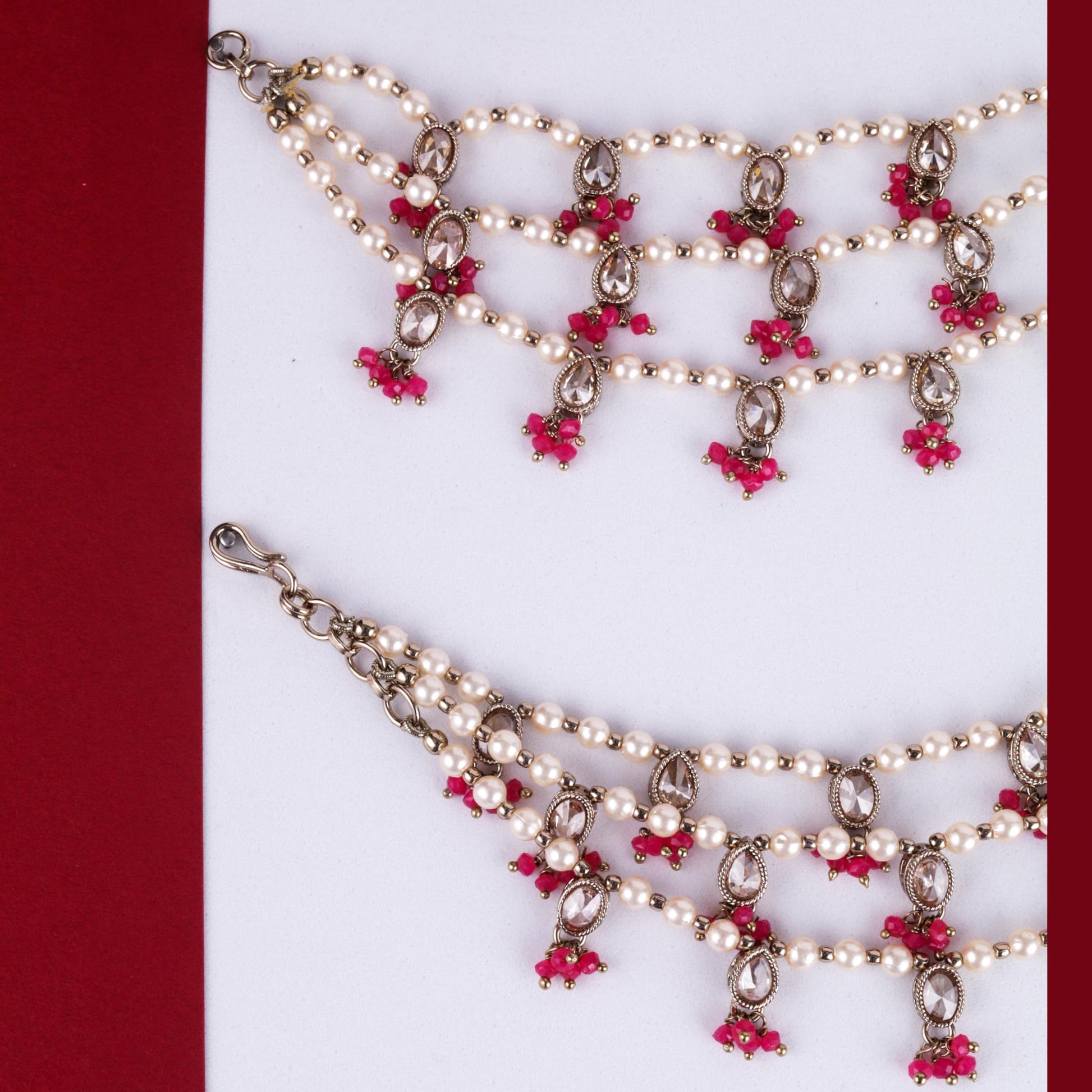 Saloni Fashion Jewellery Designer Oval and Circle Shape 3 String Red Kundan Stone Pearl Antique Gold Plated Set Of 2 Ear-Chain (Kaanchain) For Women and Girls