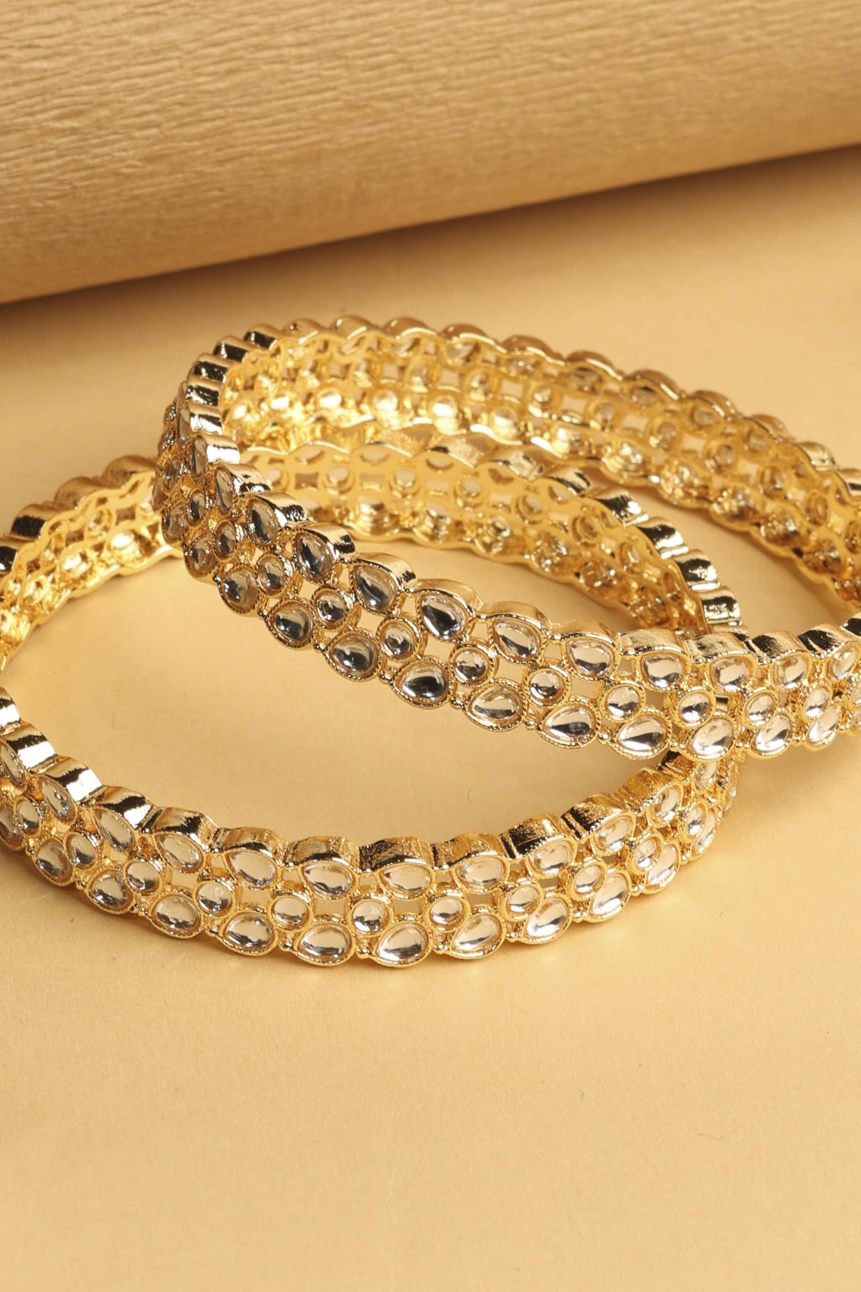 Saloni Fashion Jewellery Traditional Oval Shape White Kundan Stone Gold Plated Set of 2 Bangle Set For Women and Girls