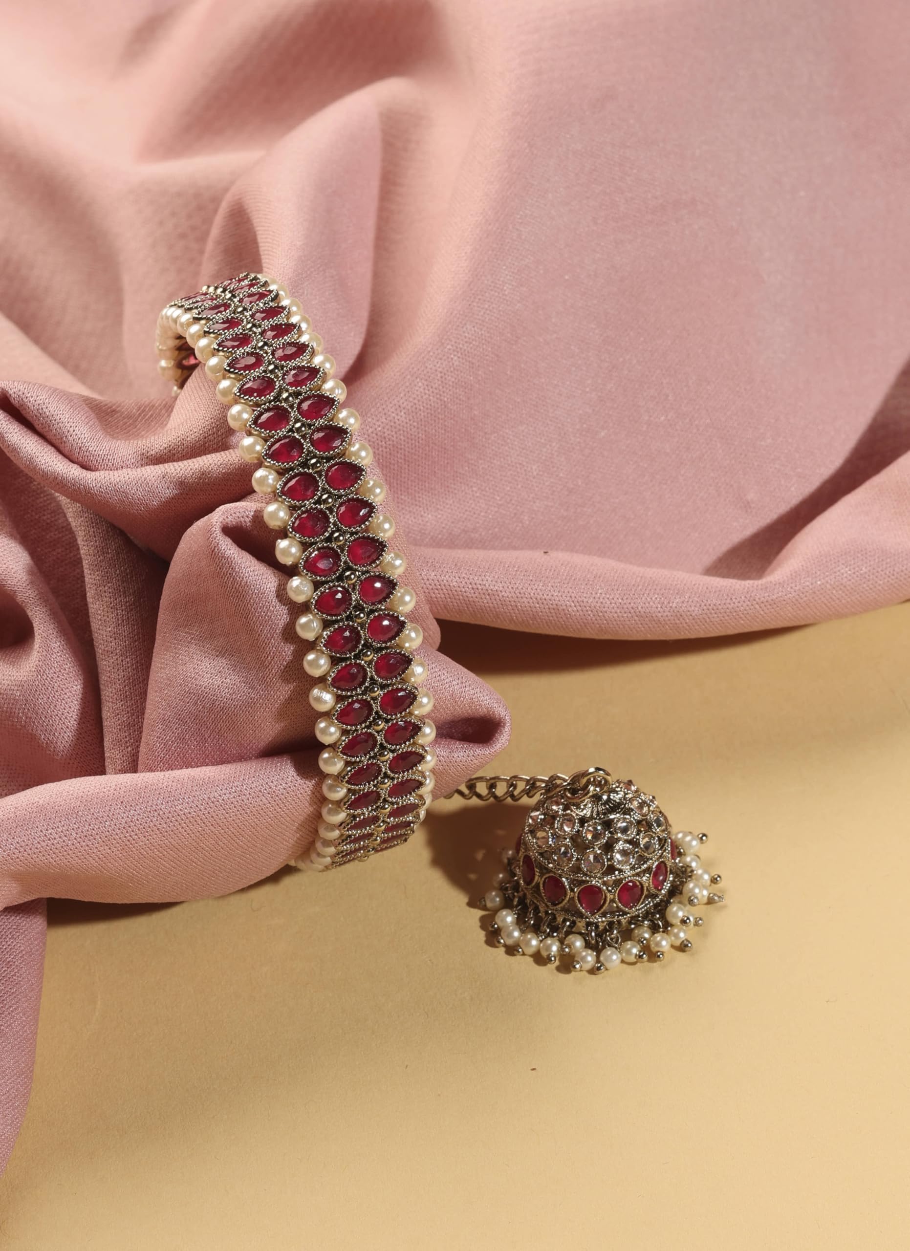 Saloni Fashion Jewellery Delightful Circle Shape and Pearl with Chain Jhumki Ruby Kundan Stone Antique Gold Plated Openable Bracelet For Women and Girls