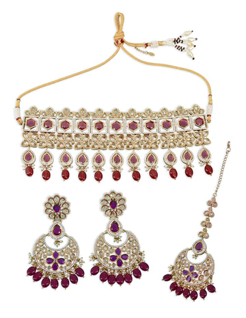 Saloni Fashion Jewellery Modish Oval and Flower Shape Uncut Kundan Gold Plated Collar Necklace Set with Maangtikka For Women and Girls