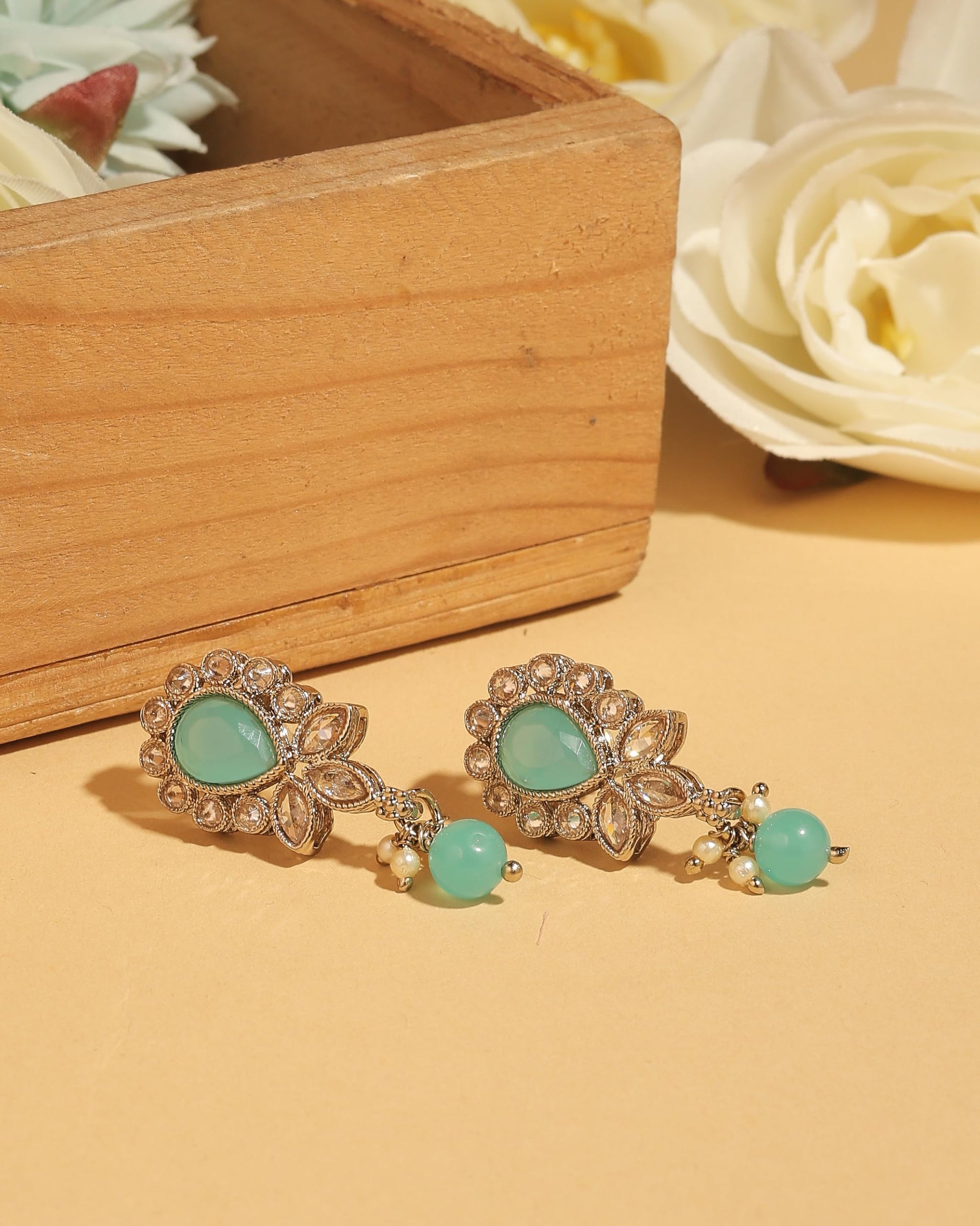 Saloni Fashion Jewellery Exceptional Oval and Leaf Design Gold Plated Sky Blue Kundan Stone Dangle Earring For Women and Girls