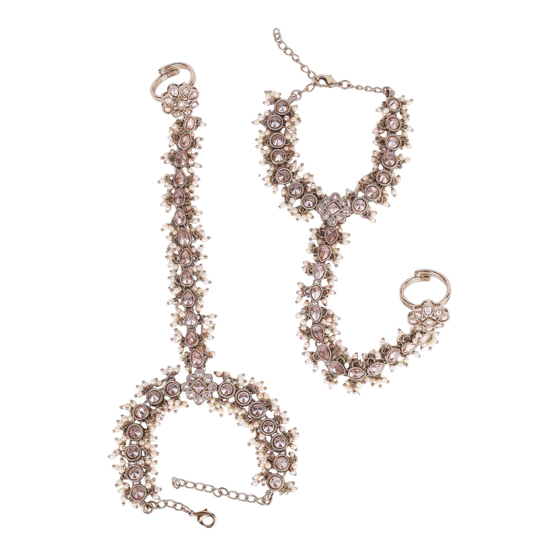 Saloni Fashion Jewellery Traditional Flower and Oval Design Gold Plated Pearl Set of 2 Adjustable Hathphool(Panja) For Women