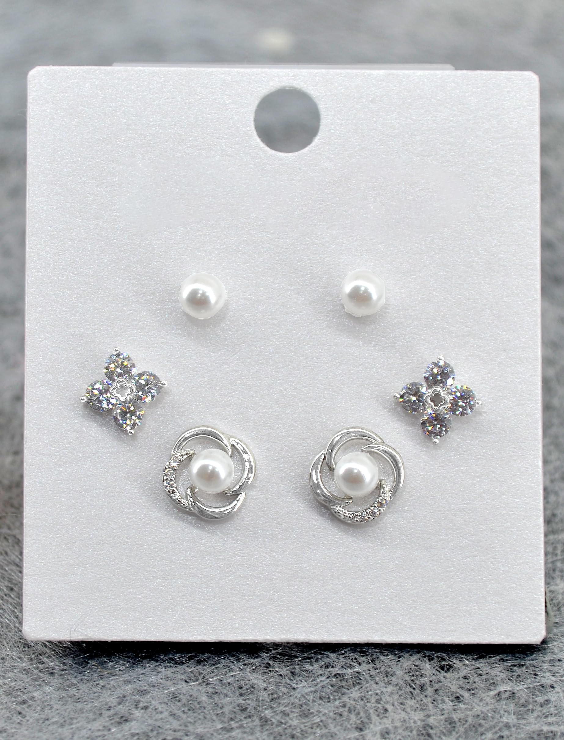 Saloni Fashion Jewellery Pleasing Flower Design Pearl Brass Silver Plated Set of 3 Combo Stud Earring For Women and Girls