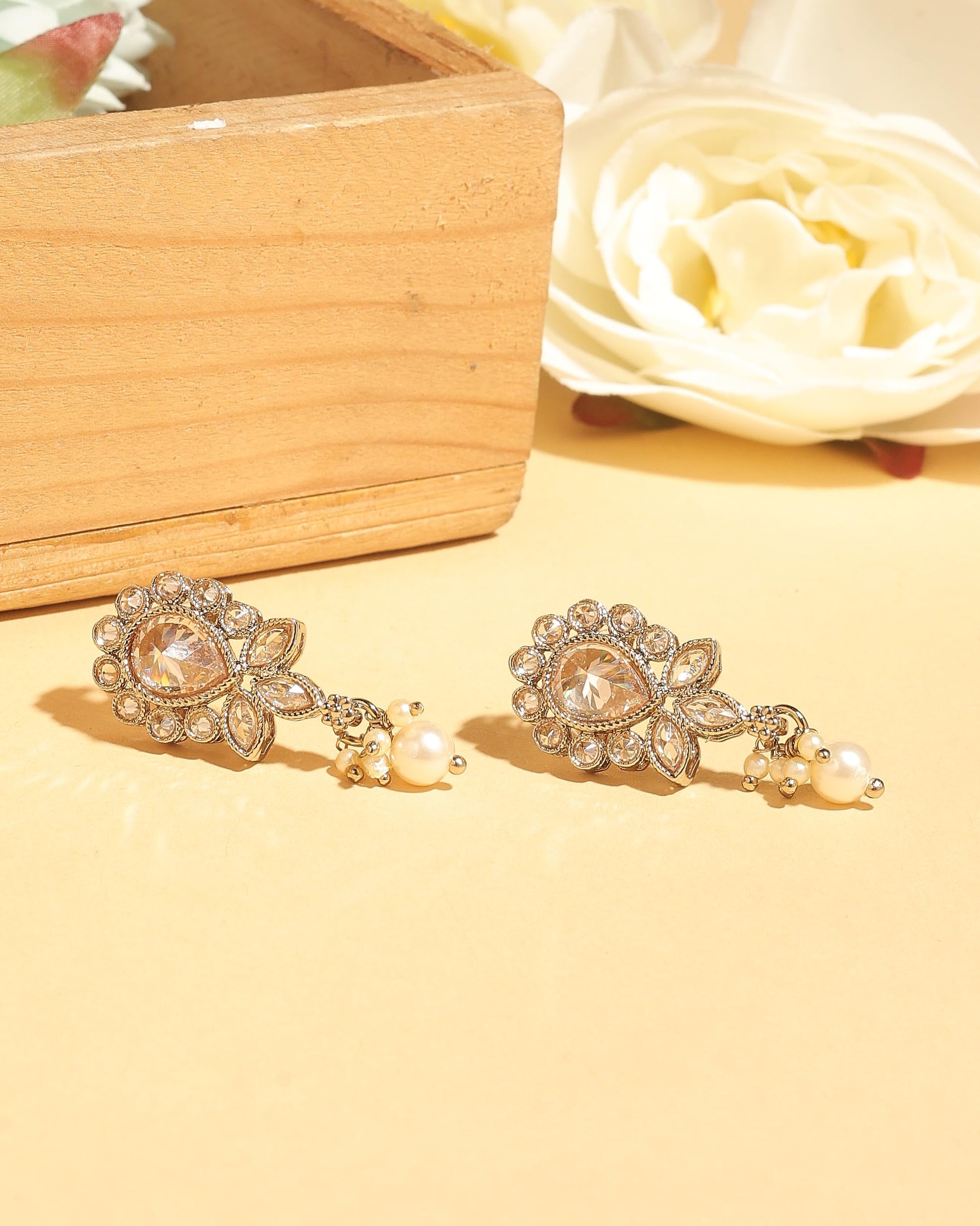 Saloni Fashion Jewellery Exotic Oval and Leaf Design Gold Plated Brown Kundan Stone Dangle Earring For Women and Girls