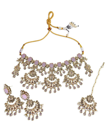 Saloni Fashion Jewellery Modern Round and Oval Shape Uncut Kundan Gold Plated Choker Necklace Set with Maangtikka For Women and Girls