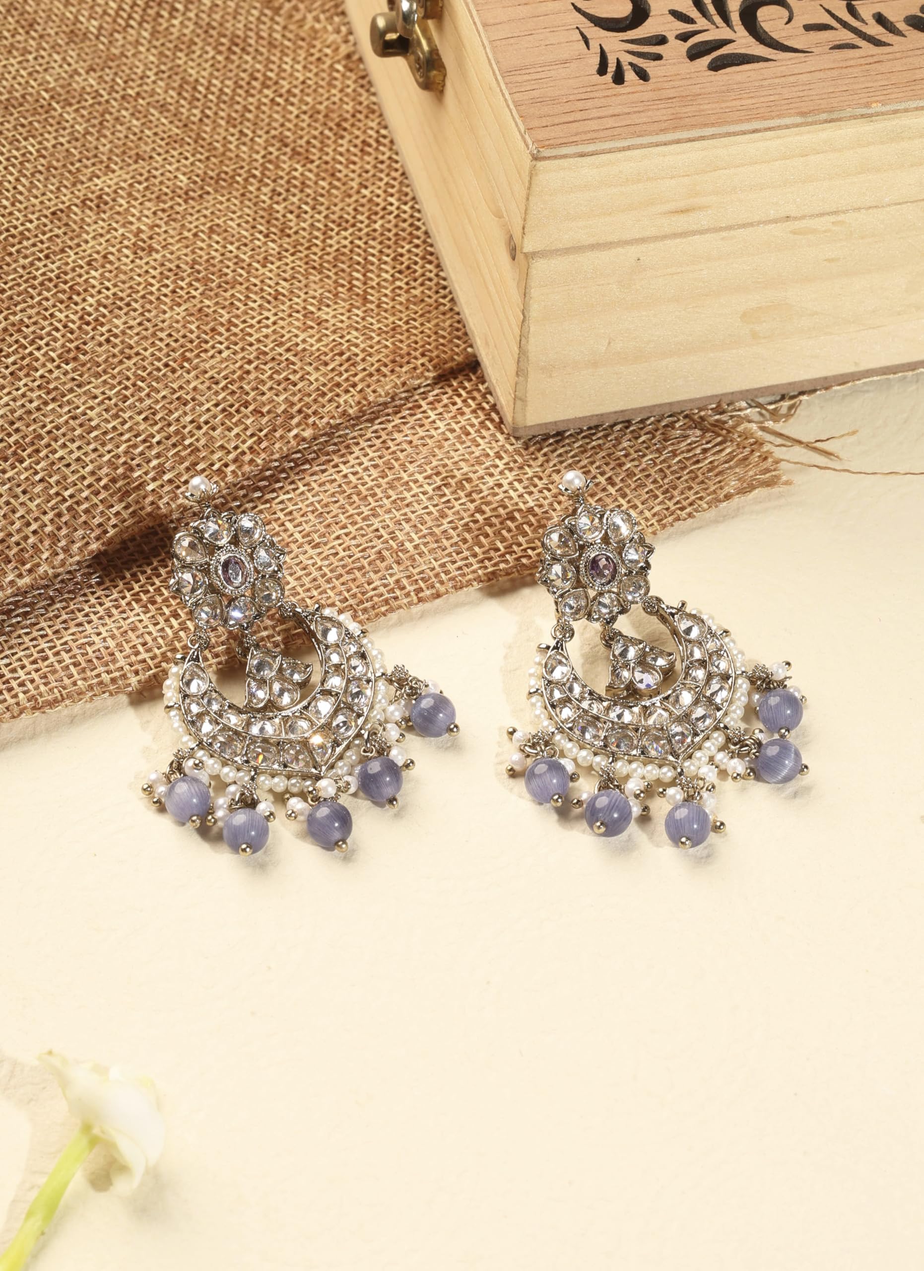Saloni Fashion Jewellery Fascinating Chandelier Shape and Purple Pearl Brown Kundan Stone Antique Gold Plated Brass Chandelier Earring With Maang Tikka For Women and Girls