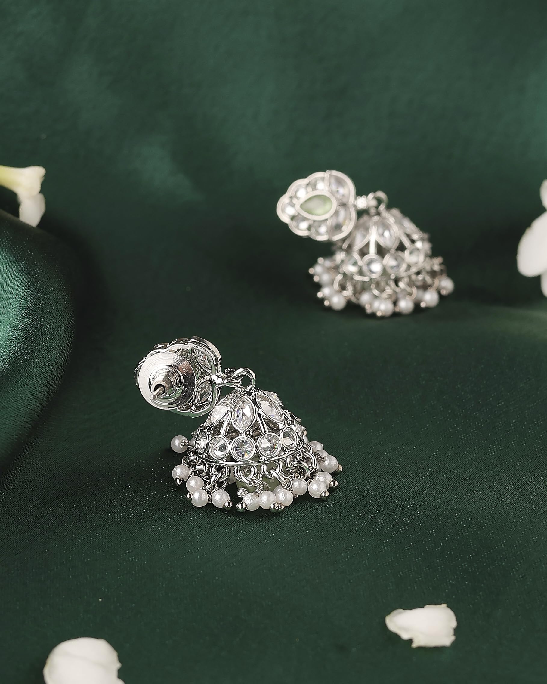 Saloni Fashion Jewellery Lovely Leaf and Pear Shape Silver Plated Light Green Kundan Stone Brass Jhumki Earring For Women and Girls