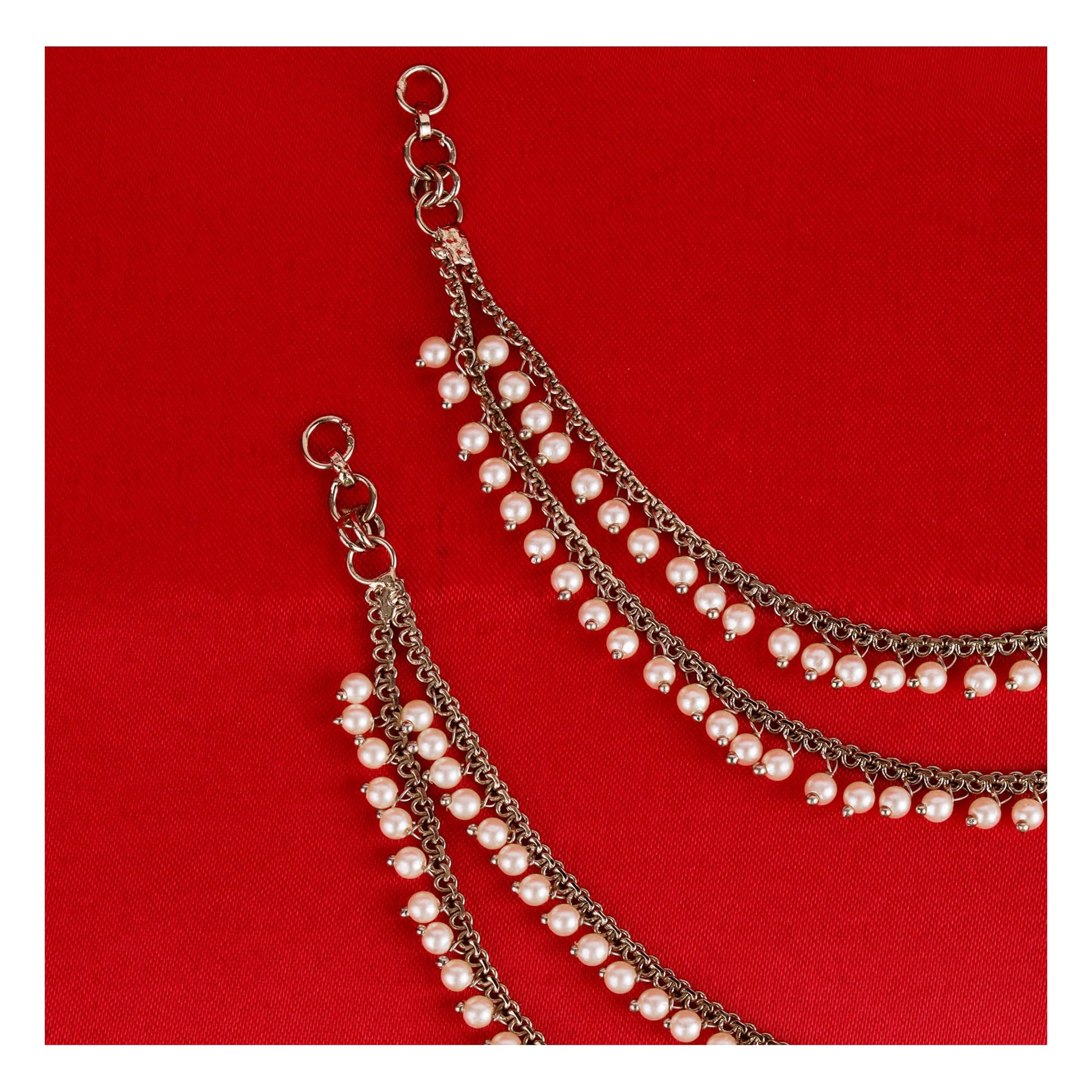 Saloni Fashion Jewellery Dazzling 2 String White Pearl Gold Plated Set Of 2 Brass Ear-Chain (Kaanchain) For Women and Girls