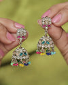 Round and Pear Shape Silver Plated Pearl Multi Kundan Stone Jhumki Earring