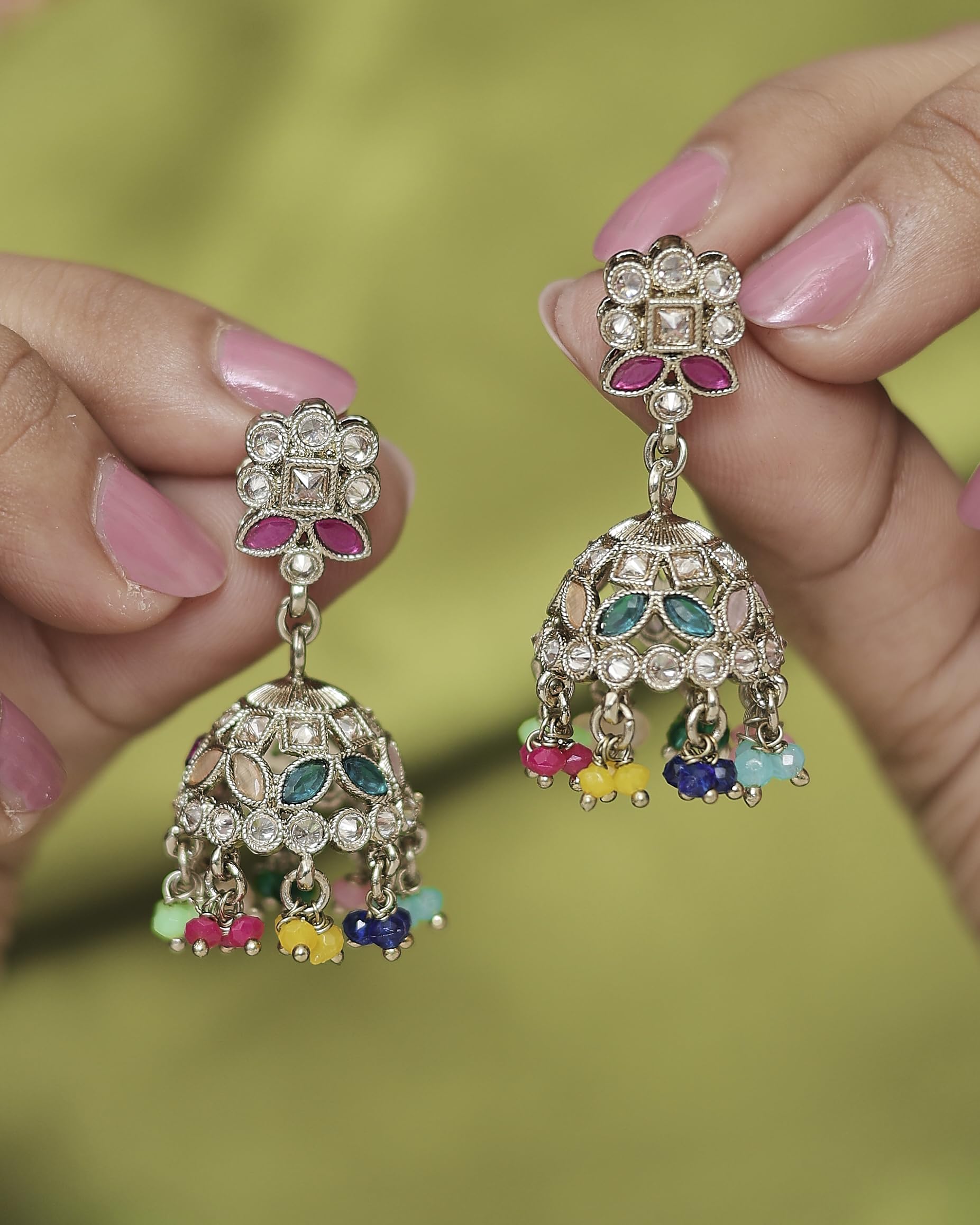 Saloni Fashion Jewellery Enchanting Round and Pear Shape Silver Plated Pearl Multi Kundan Stone Jhumki Earring For Women and Girls