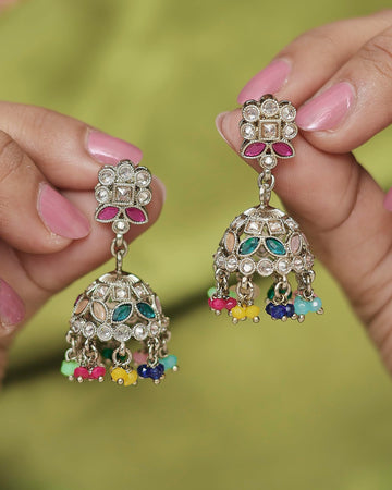 Saloni Fashion Jewellery Enchanting Round and Pear Shape Silver Plated Pearl Multi Kundan Stone Jhumki Earring For Women and Girls