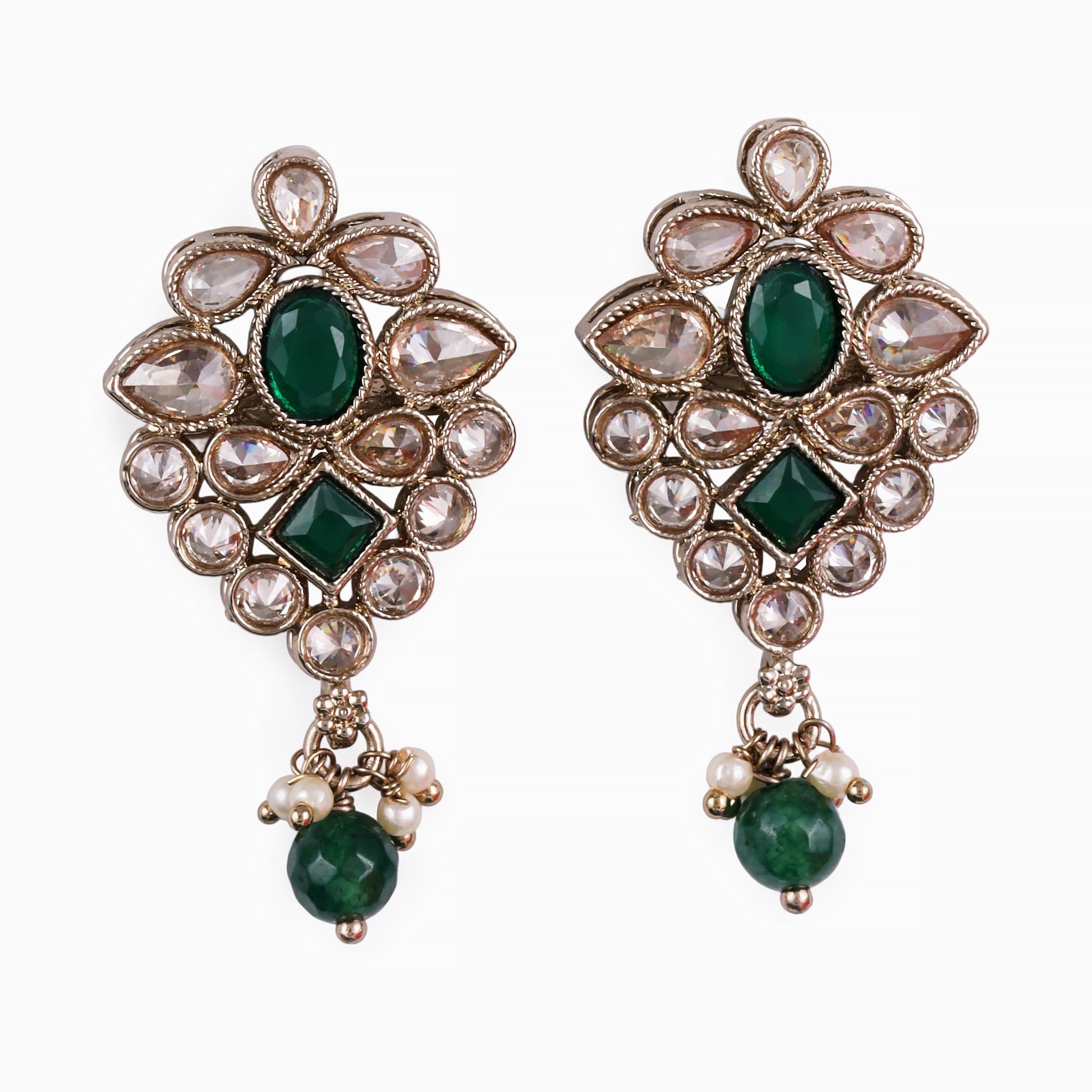 Saloni Fashion Jewellery Lovely Flower Design Green Uncut Kundan Stone Mother of Pearl Antique Gold Plated Dangle Earring For Women and Girls