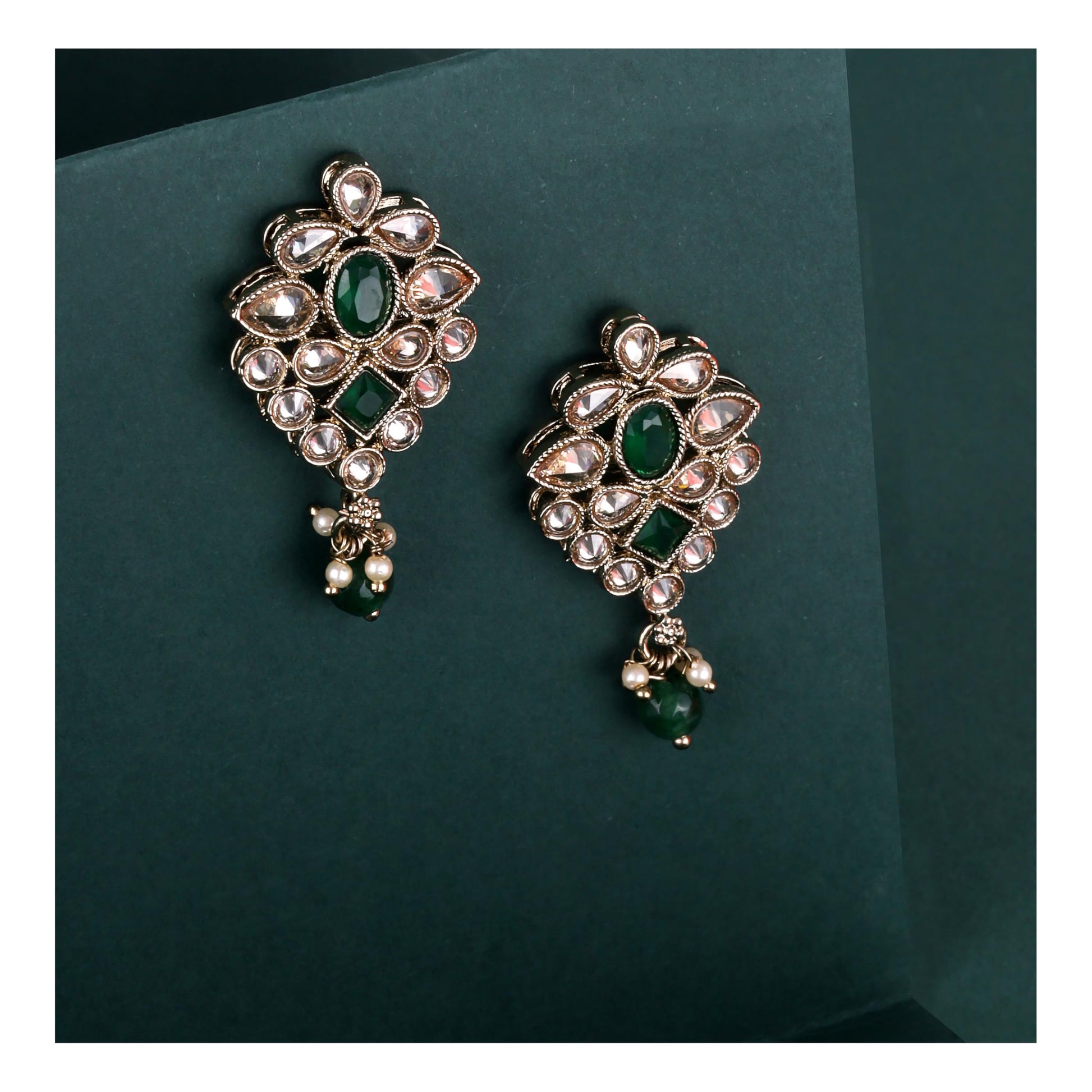 Saloni Fashion Jewellery Lovely Flower Design Green Uncut Kundan Stone Mother of Pearl Antique Gold Plated Dangle Earring For Women and Girls