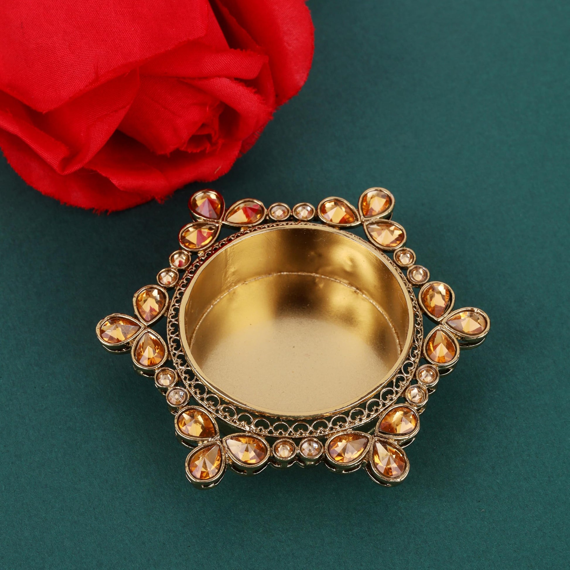 Saloni Fashion Jewellery Traditional Attractive Round and Flower Design Brass Gold Plated Brown Stone Festival Decorative Deep / Diya