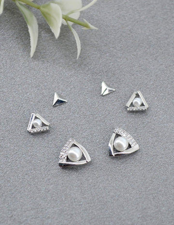 Saloni Fashion Jewellery Splendid Traingle Shape CZ Brass Silver Plated Set of 3 Combo Stud Earring For Women and Girls