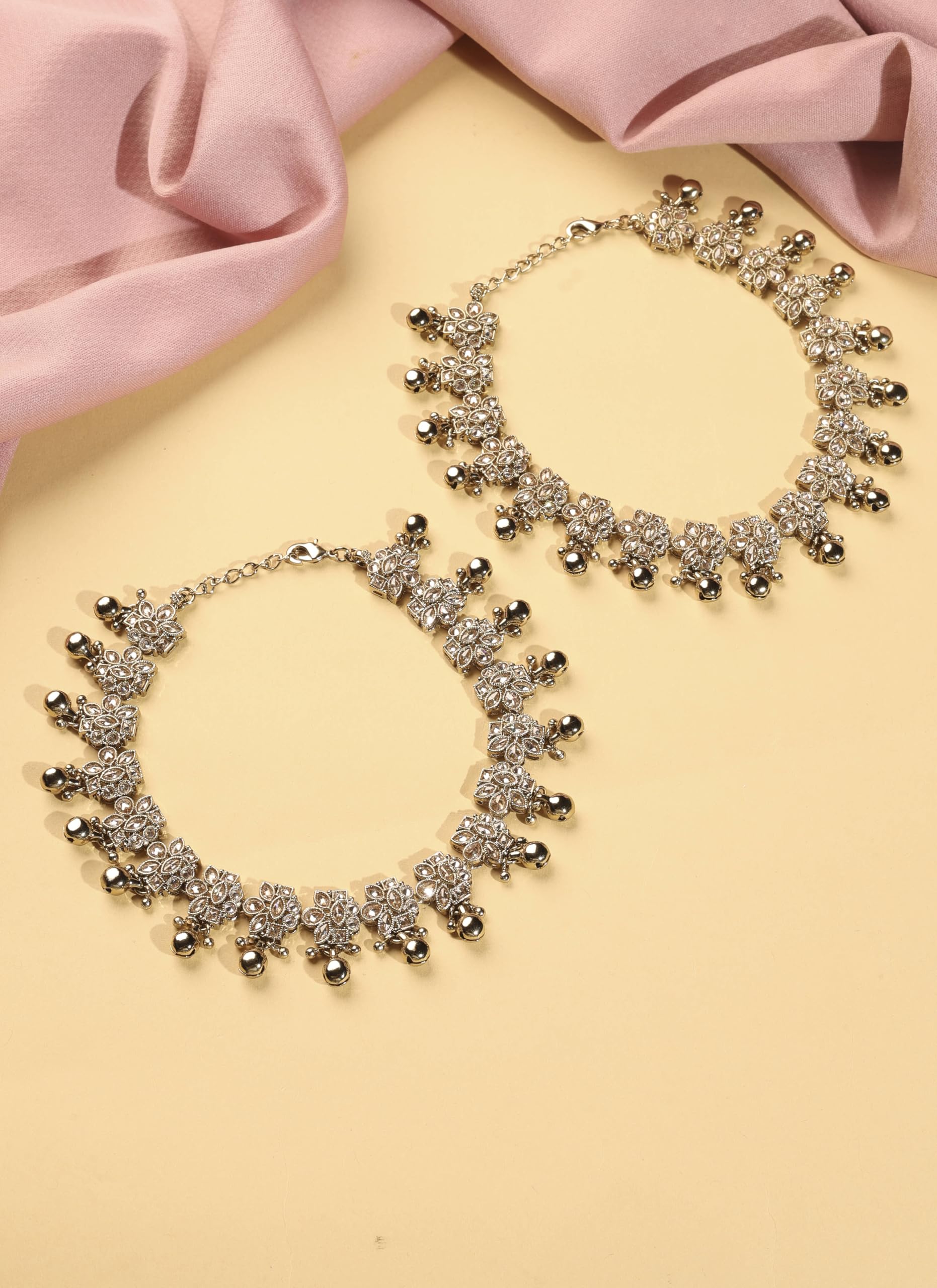 Saloni Fashion Jewellery Delightful Flower Design with Golden Ball Brown Kundan Stone Antique Gold Plated Set of 2 Anklet(Payal) For Women and Girls