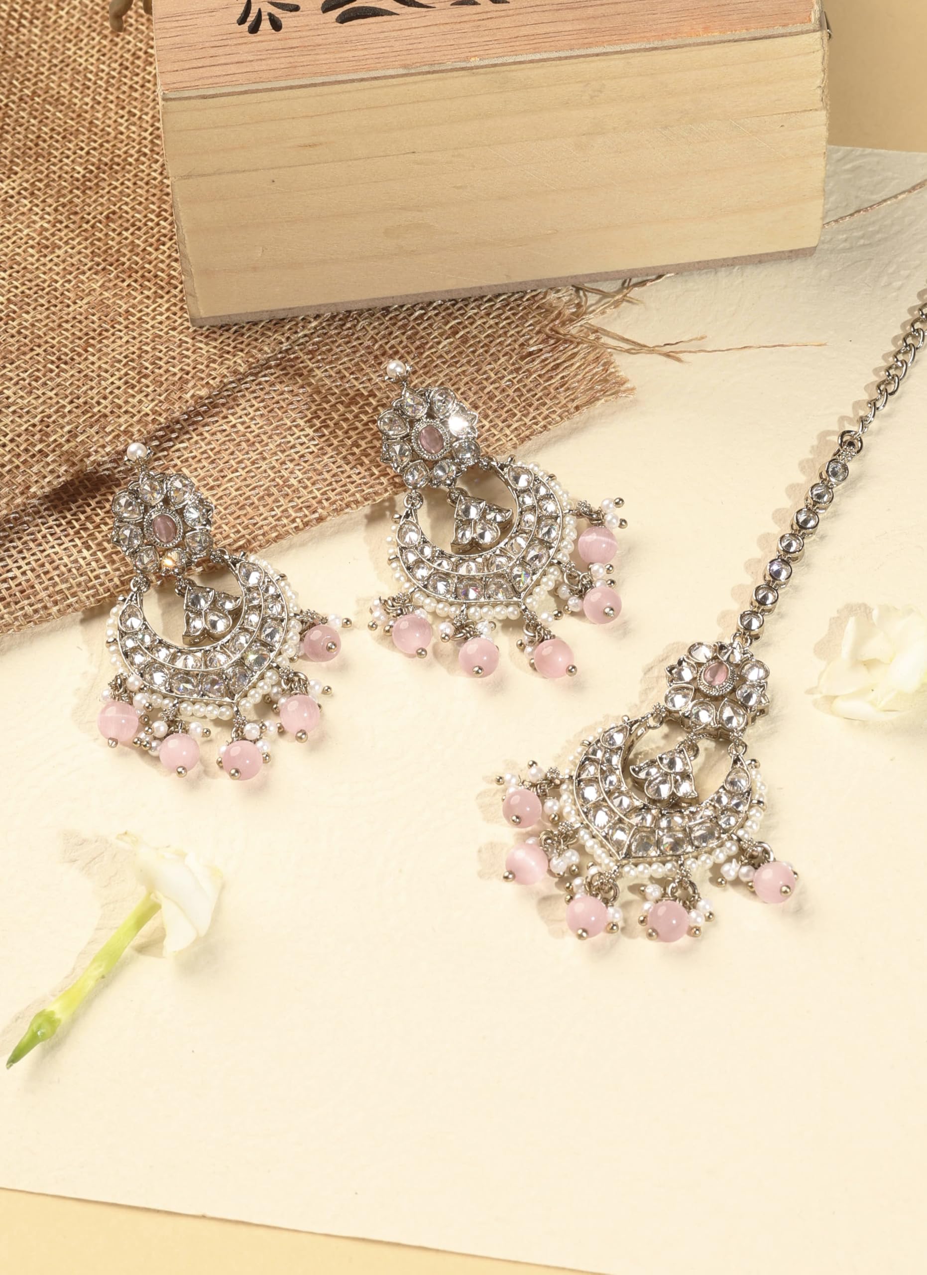Saloni Fashion Jewellery Fabulous Chandelier Shape and Pink Pearl Brown Kundan Stone Antique Gold Plated Brass Chandelier Earring With Maang Tikka For Women and Girls