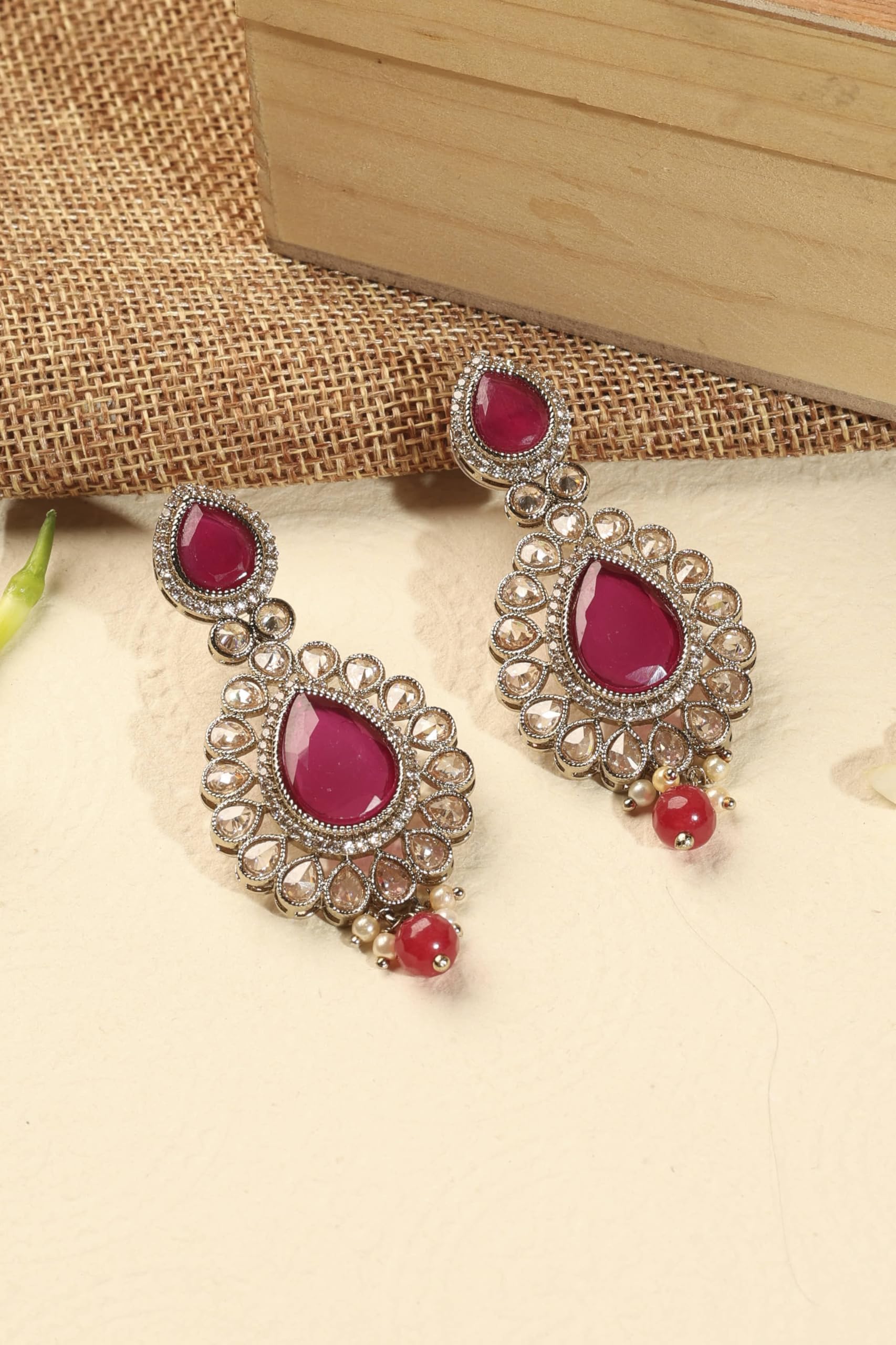 Saloni Fashion Jewellery Stylish Round and Oval Shape Red Kundan Stone Antique Gold Plated Brass Dangle Earring For Women and Girls